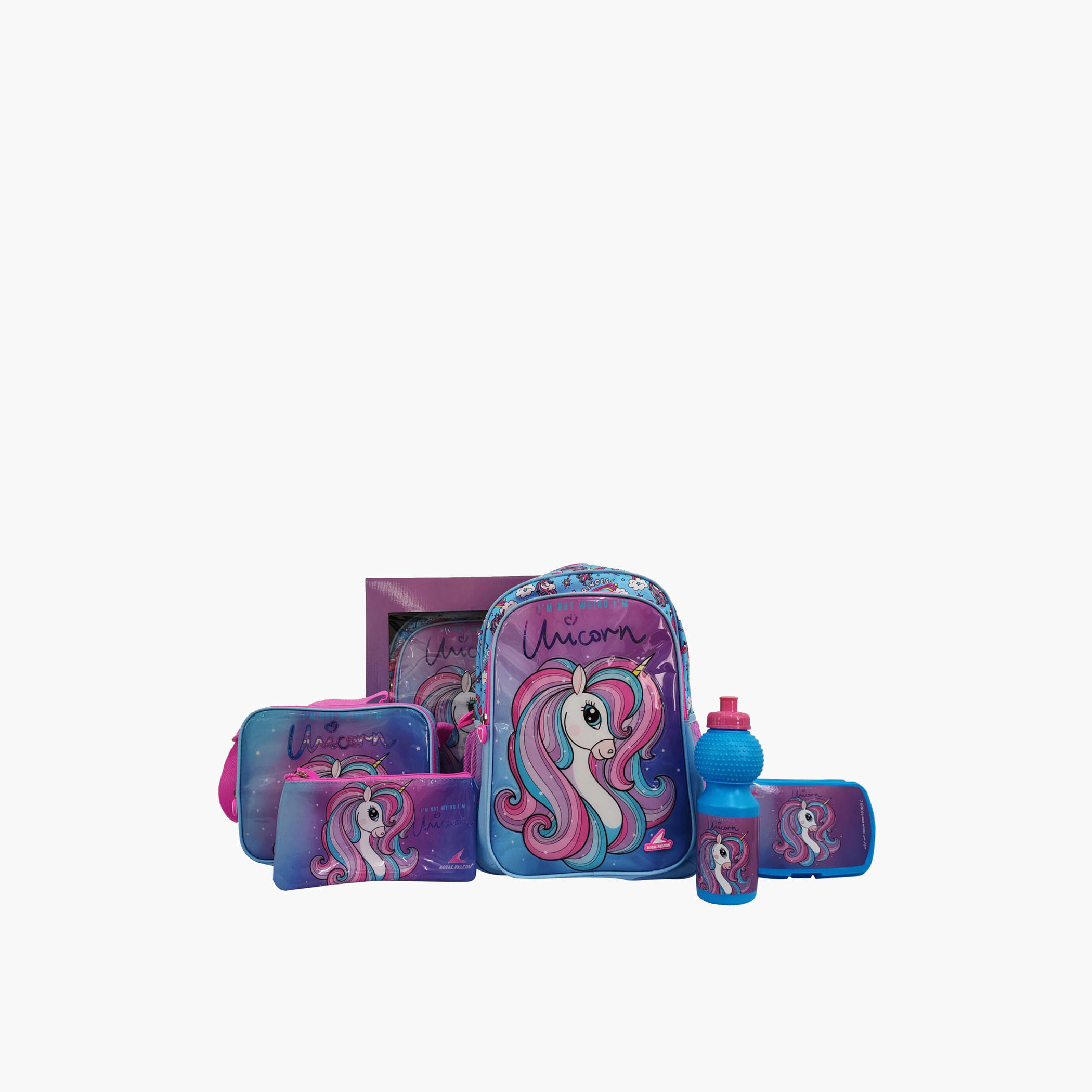 طقم شنطة ظهر 16 بوصة بطبعة يونيكورن 5 قطع من رويال فالكون - 28x10x40 سم-cpkids-backtoschool-schoolbagsandbackpacks-sets-image-1