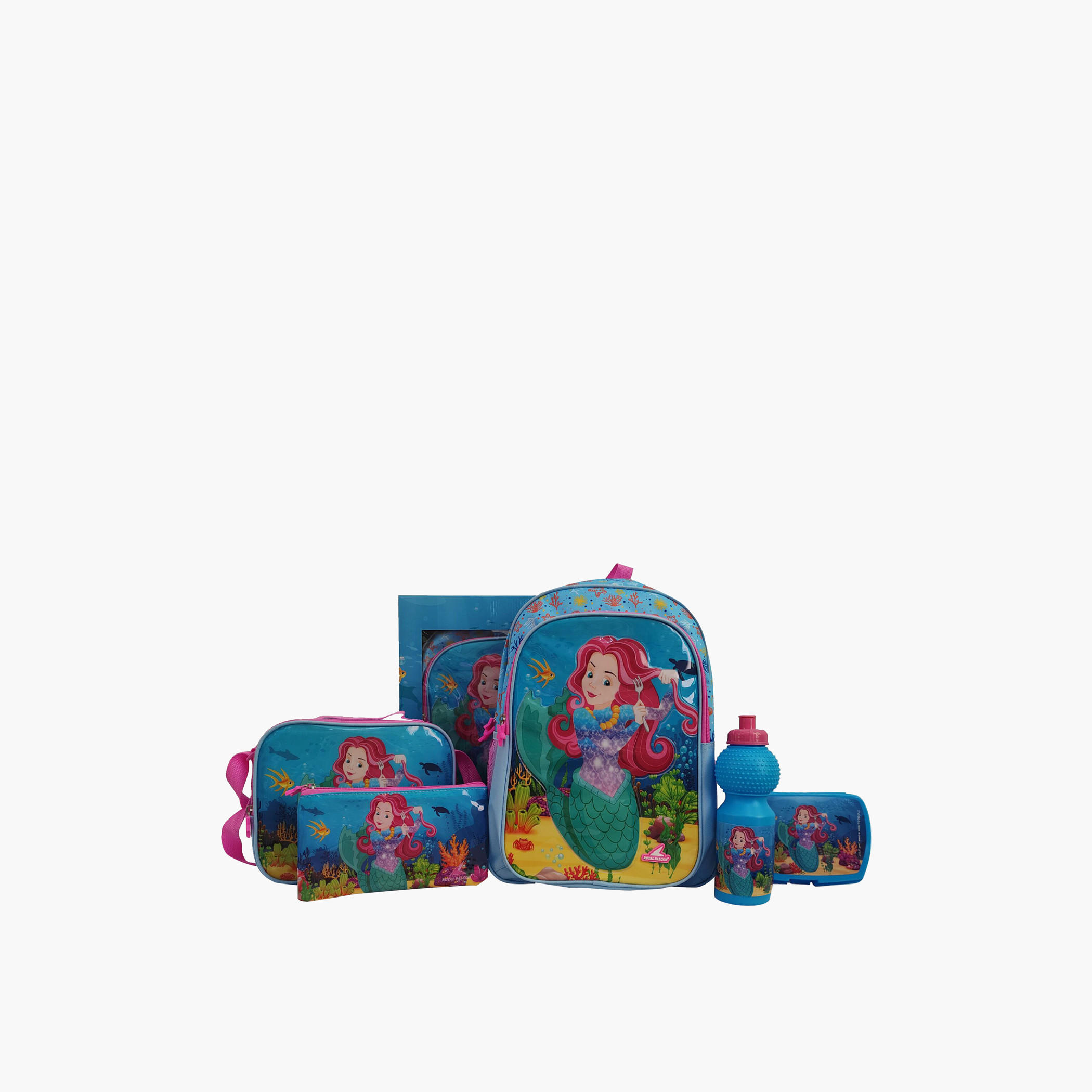 طقم شنطة ظهر 16 بوصة بطبعات حورية البحر 5 قطع من رويال فالكون - 28x10x40 سم-cpkids-backtoschool-schoolbagsandbackpacks-sets-image-1