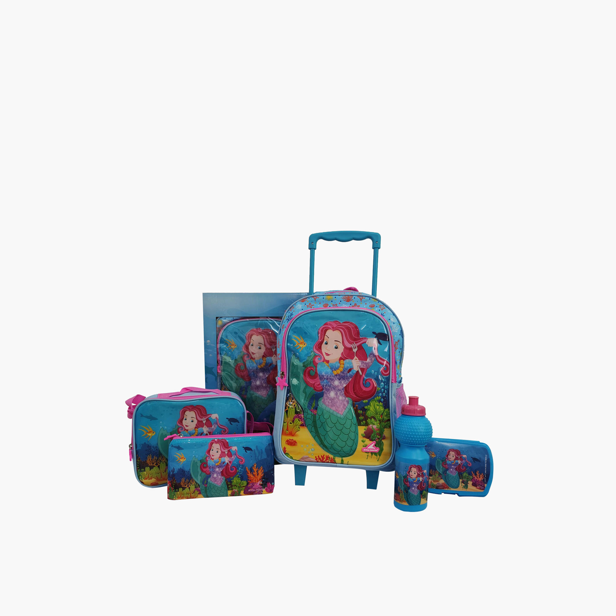 طقم شنطة ظهر ترولي بطبعات حورية البحر 5 قطع من رويال فالكون - 28x10x40 سم-cpkids-backtoschool-schoolbagsandbackpacks-sets-image-1