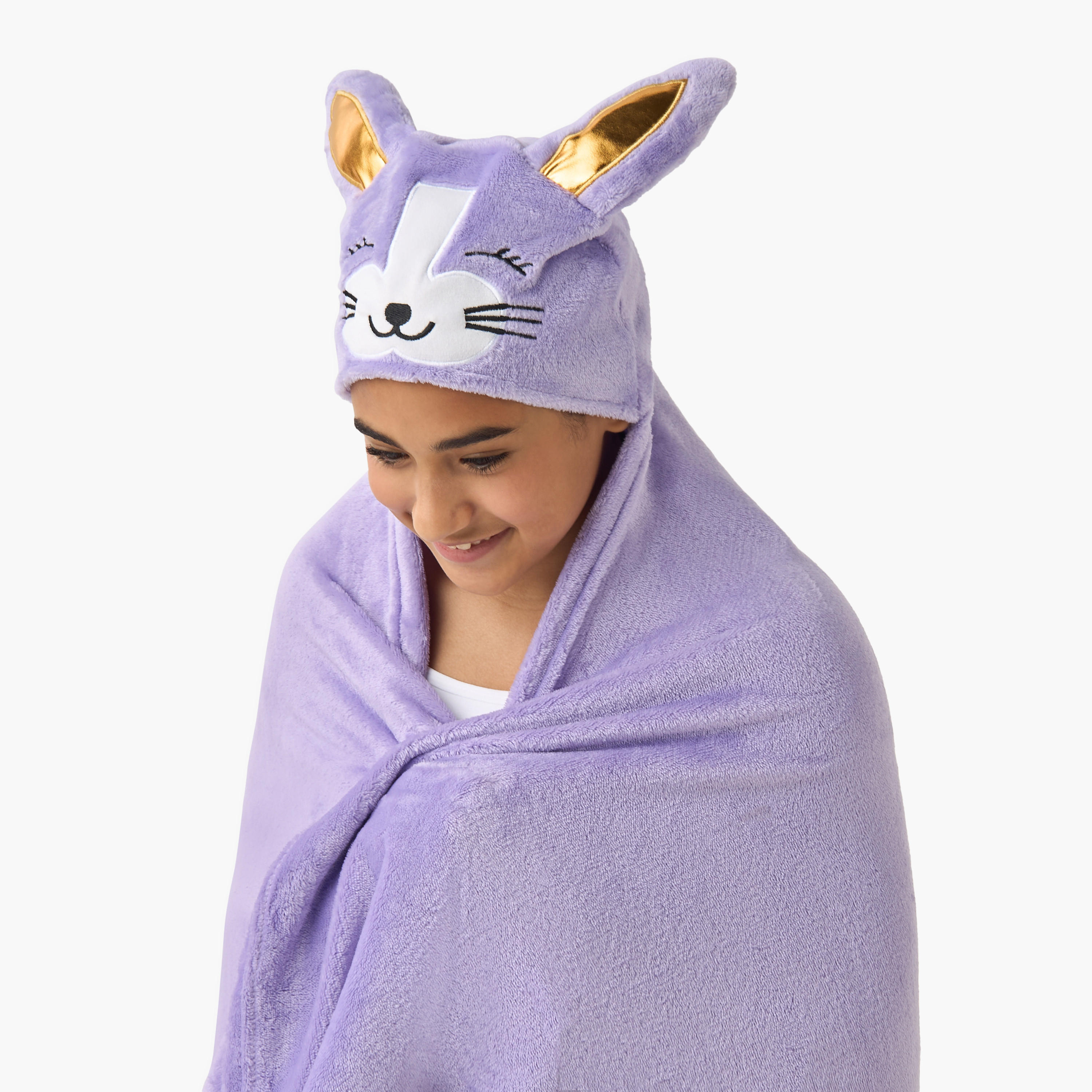 Bunny Ear Applique Hooded Blanket with Hand Pockets - 102x127 cms-girls-clothing-nightwear-image-4