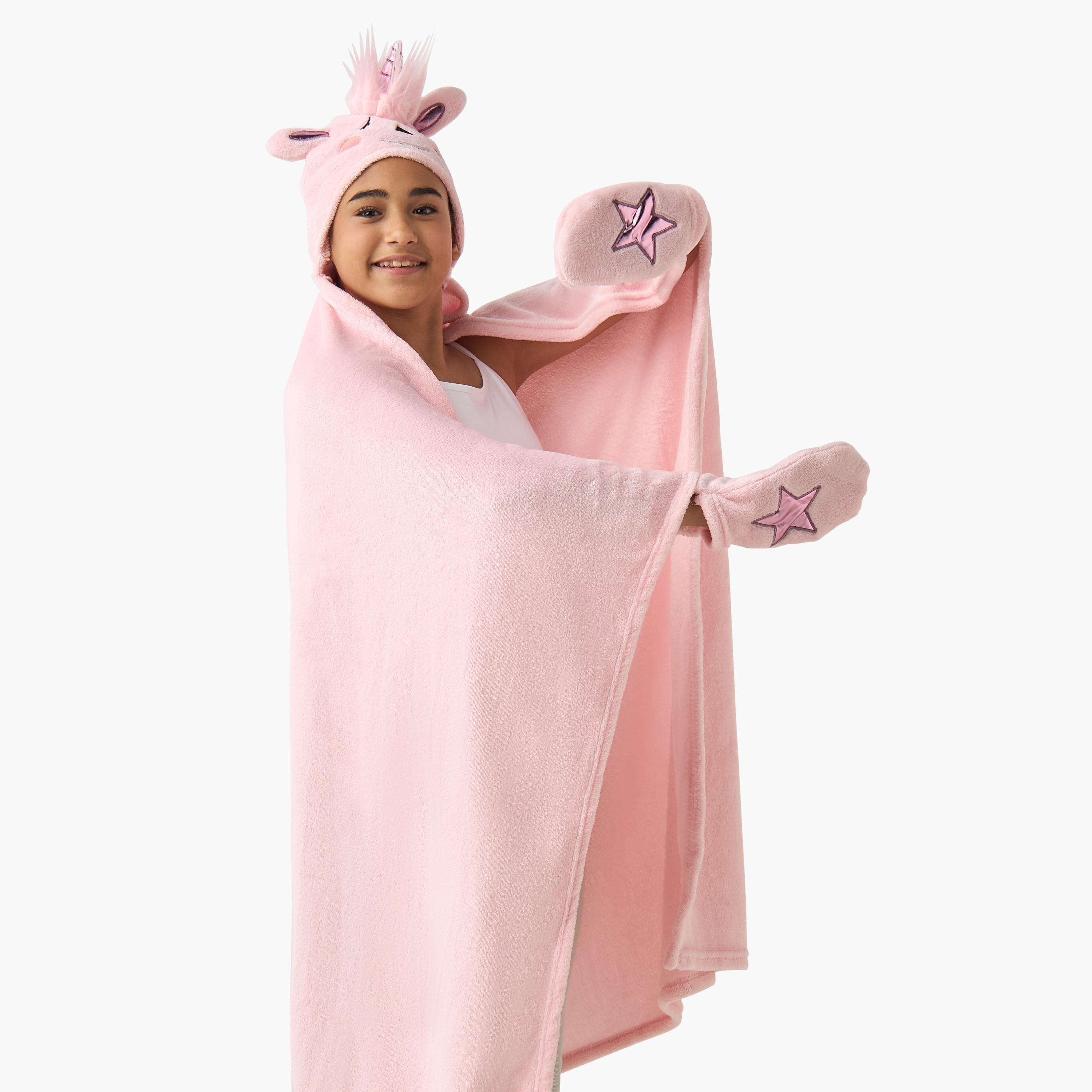 Unicorn Horn Applique Hooded Blanket with Hand Pockets - 102x127 cms-girls-clothing-nightwear-image-1