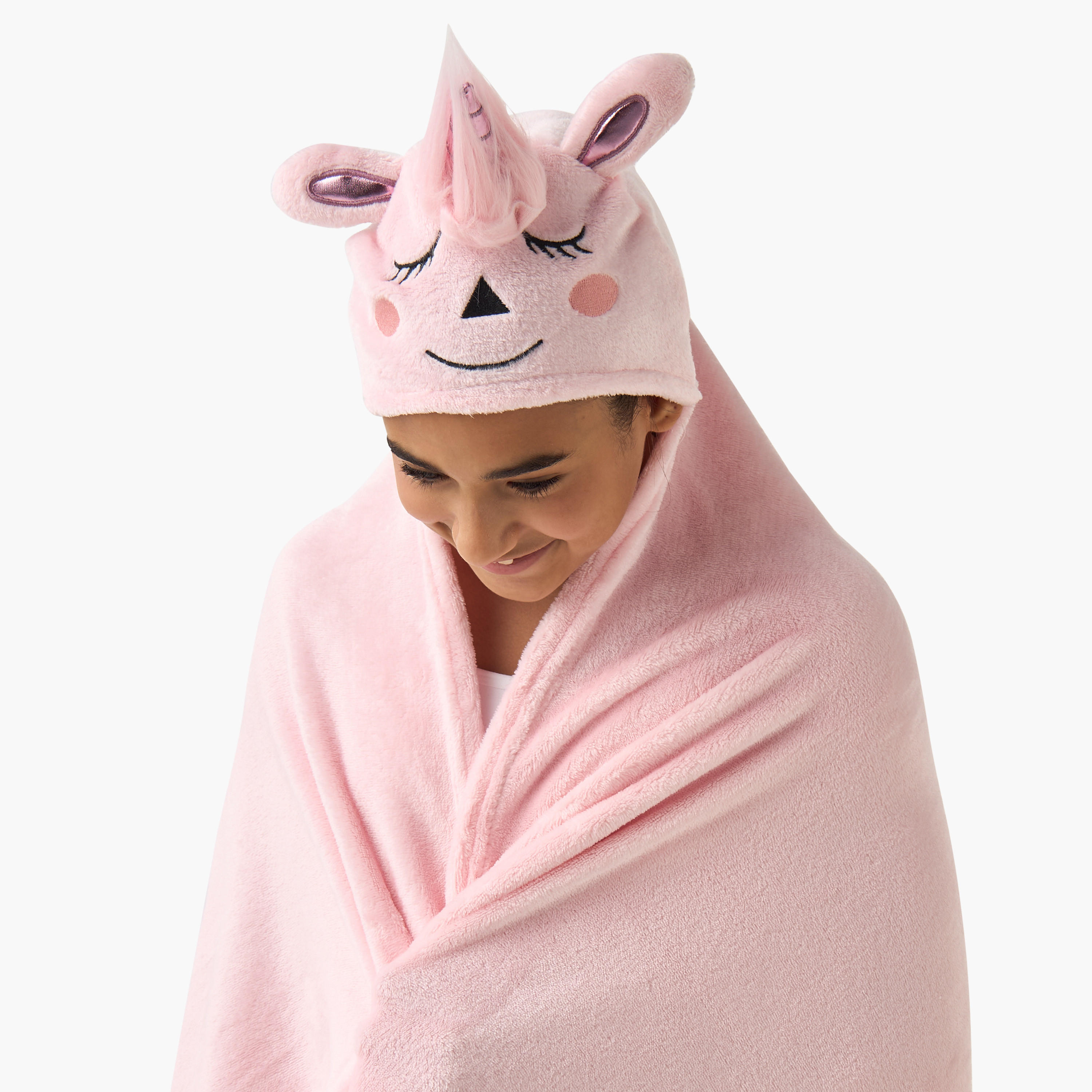 Unicorn Horn Applique Hooded Blanket with Hand Pockets - 102x127 cms-girls-clothing-nightwear-image-4