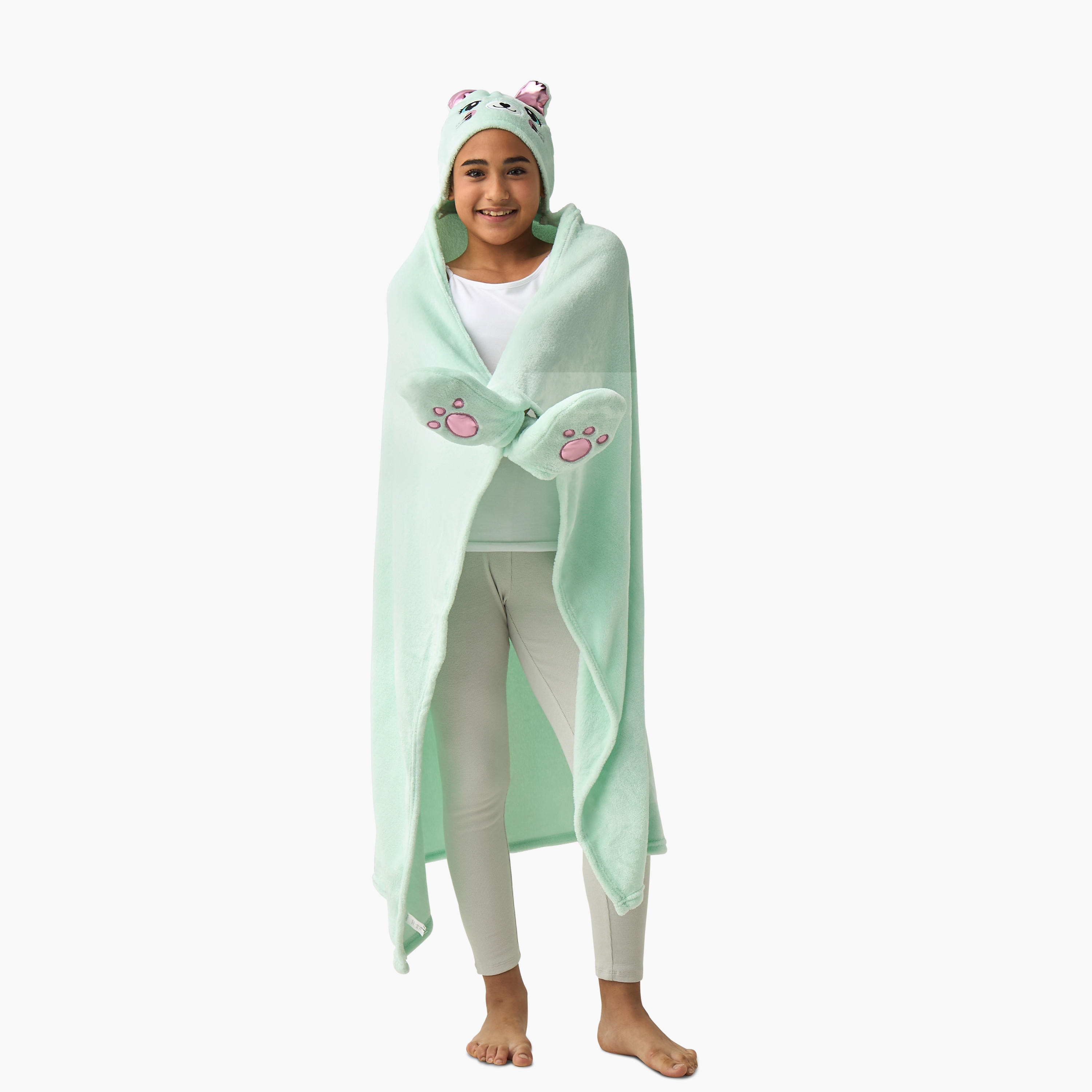Kitty Ear Applique Hooded Blanket with Hand Pockets - 102x127 cms-girls-clothing-nightwear-image-2