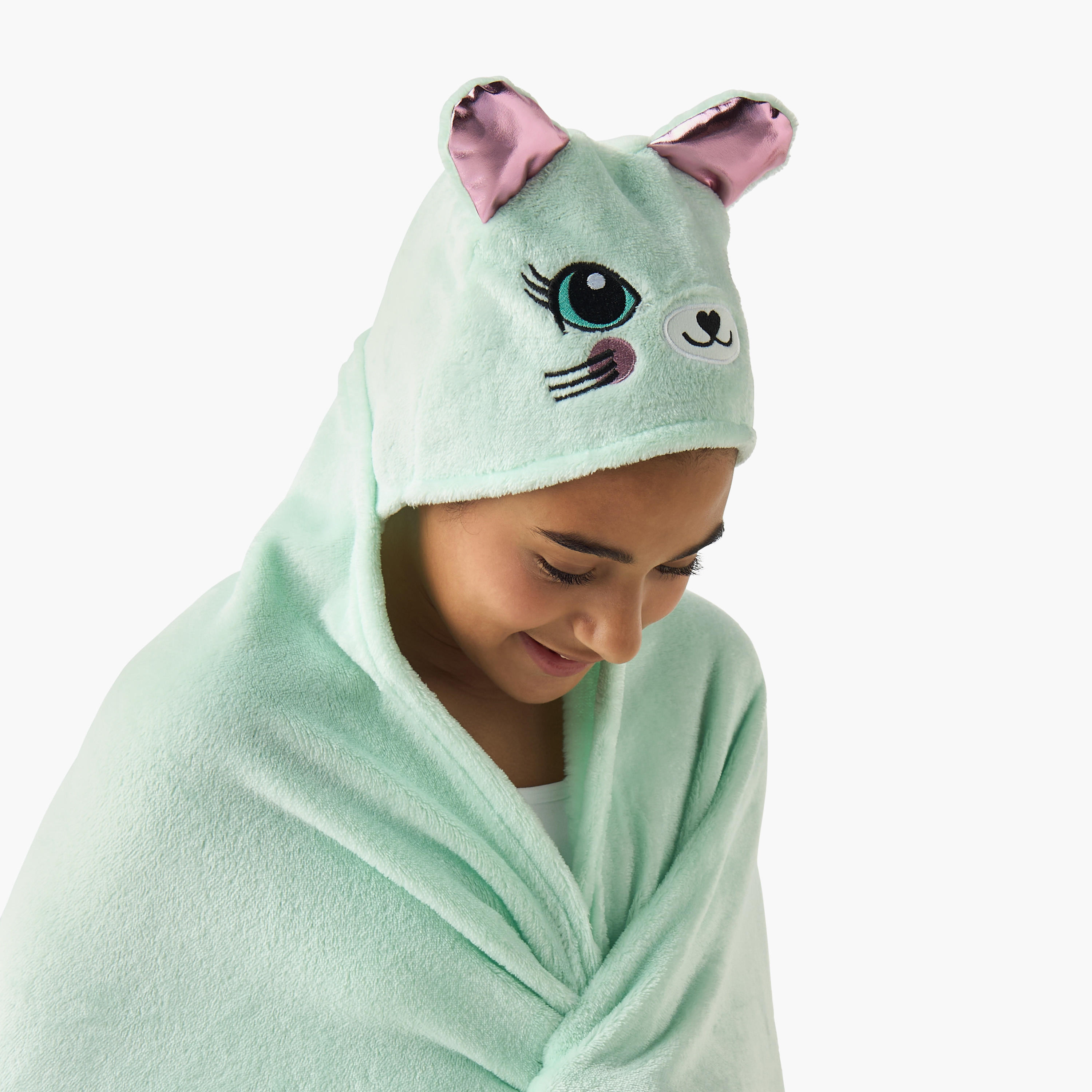 Kitty Ear Applique Hooded Blanket with Hand Pockets - 102x127 cms-girls-clothing-nightwear-image-4