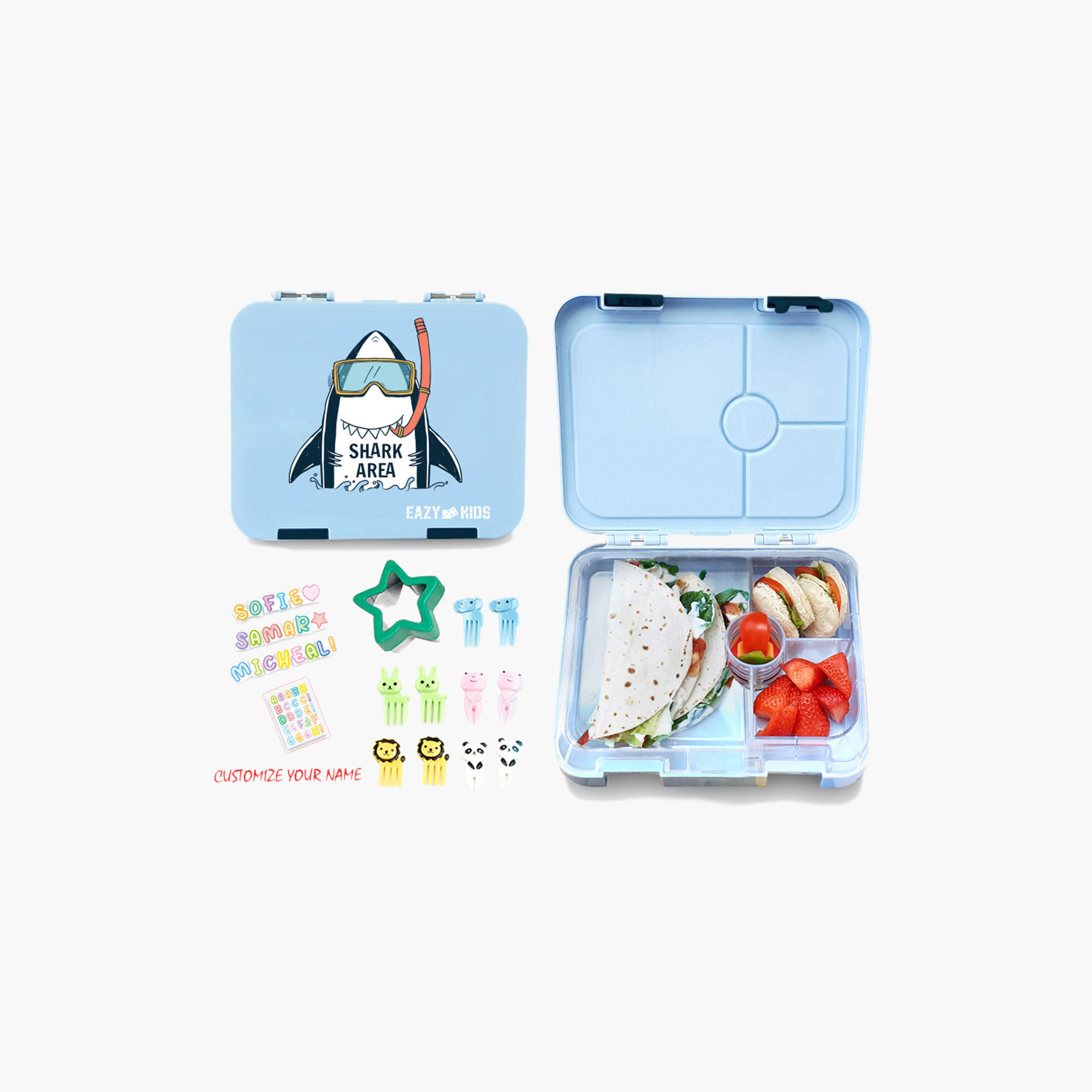 Eazy Kids Shark Print 4-Compartment Bento Lunch Box with Sandwich Cutter and Fruit Pick-school-lunchessentials-lunchboxes-image-1