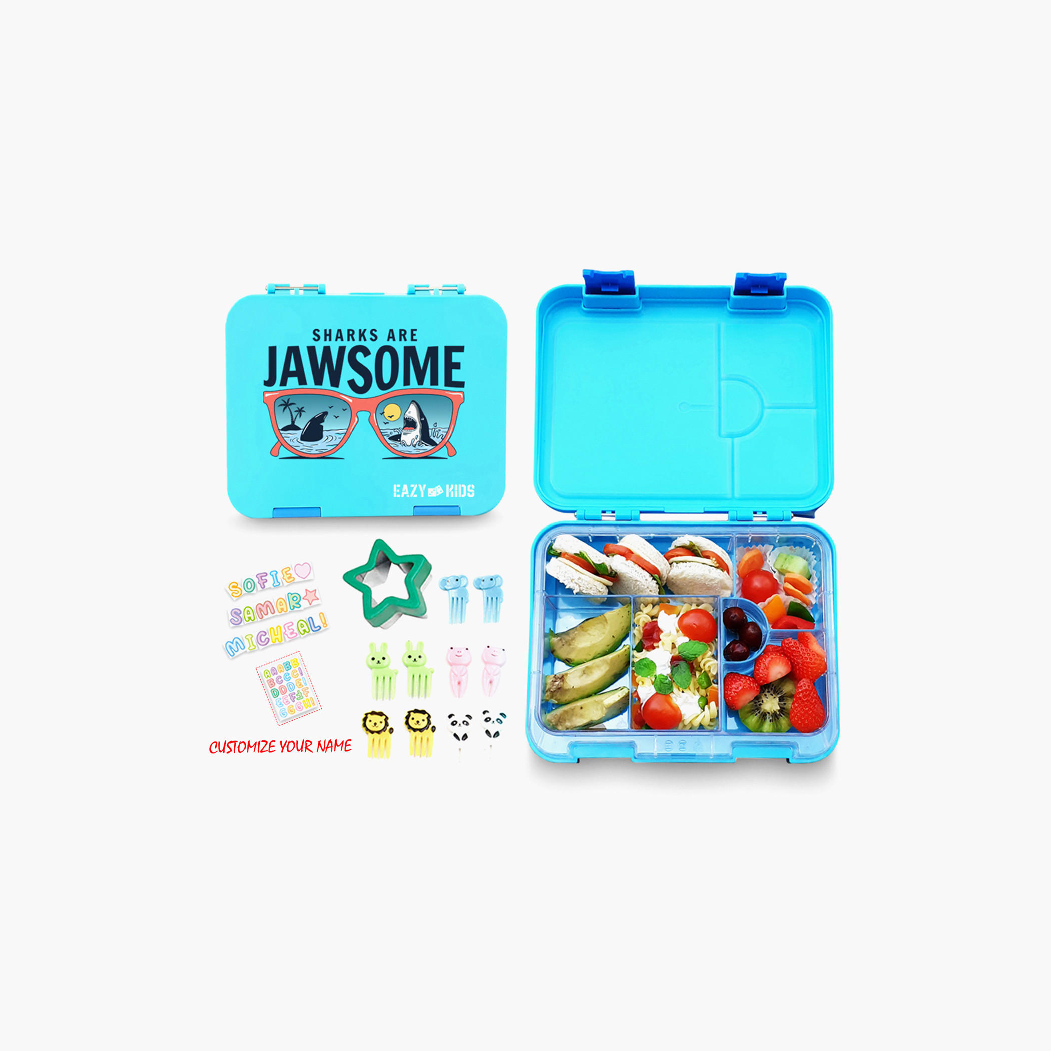 Eazy Kids Jawsome Print 6 and 4 Convertible Bento Lunch Box with Sandwich Cutter and Fruit Pick-school-lunchessentials-lunchboxes-image-1