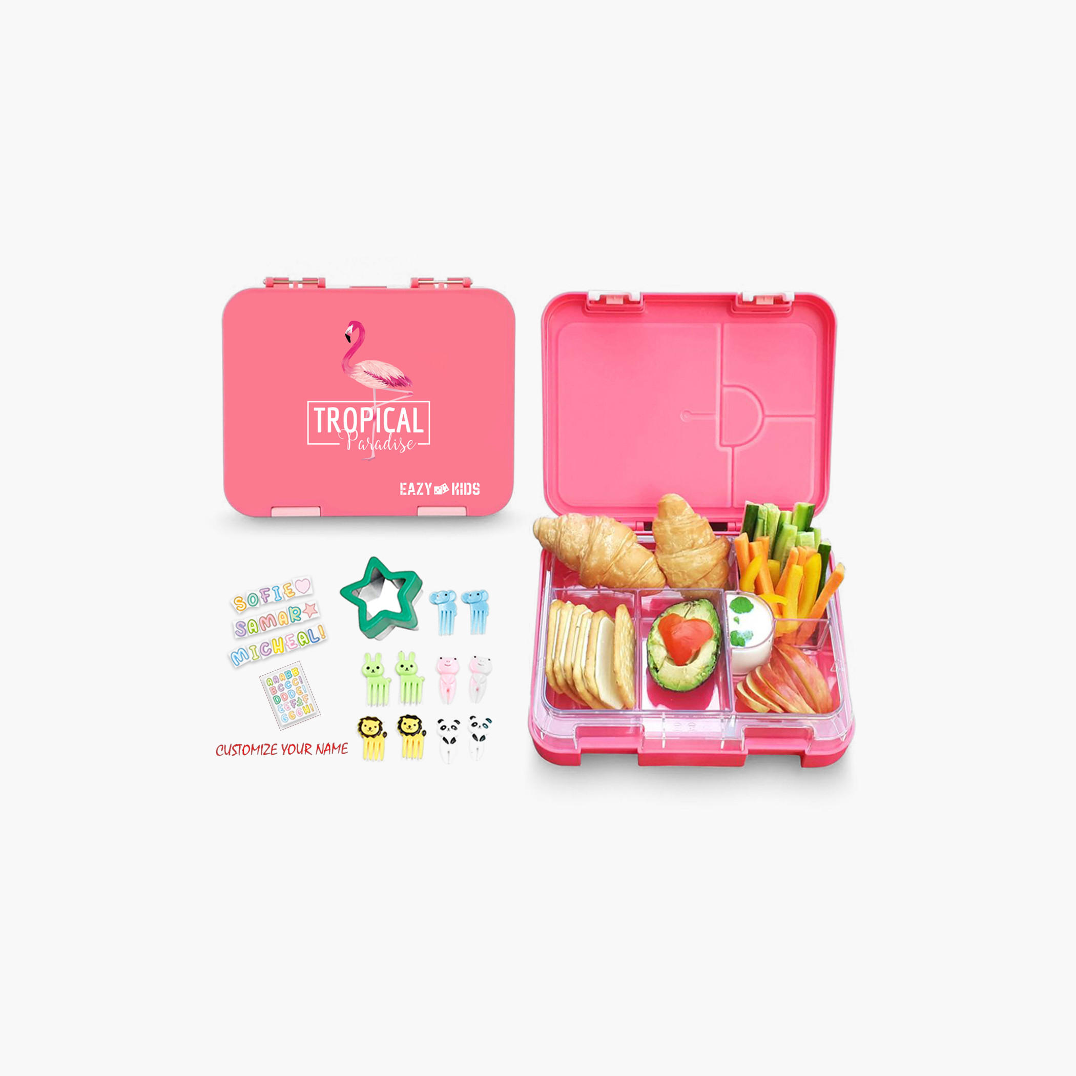 Eazy Kids Flamingo Print 6 and 4 Convertible Bento Lunch Box with Sandwich Cutter and Fruit Pick-school-lunchessentials-lunchboxes-image-1