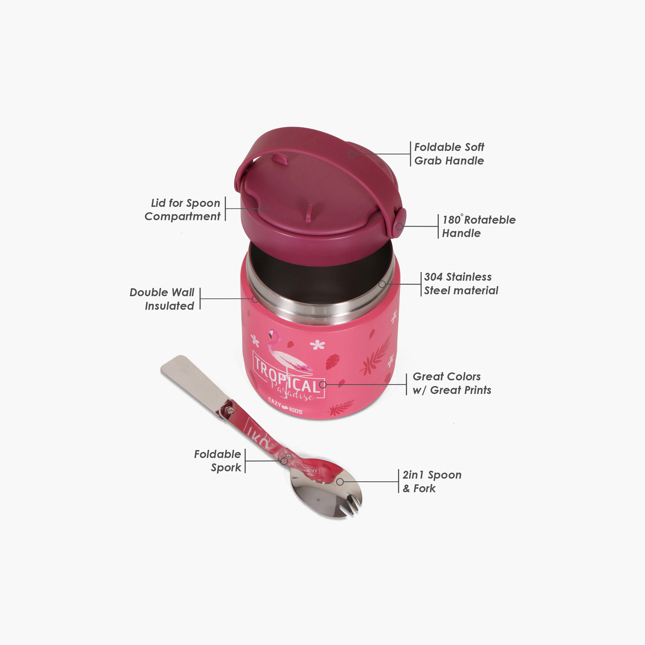 Eazy Kids Tropical Print Stainless Steel Insulated Food Jar - 350 ml-school-lunchessentials-lunchboxes-image-4