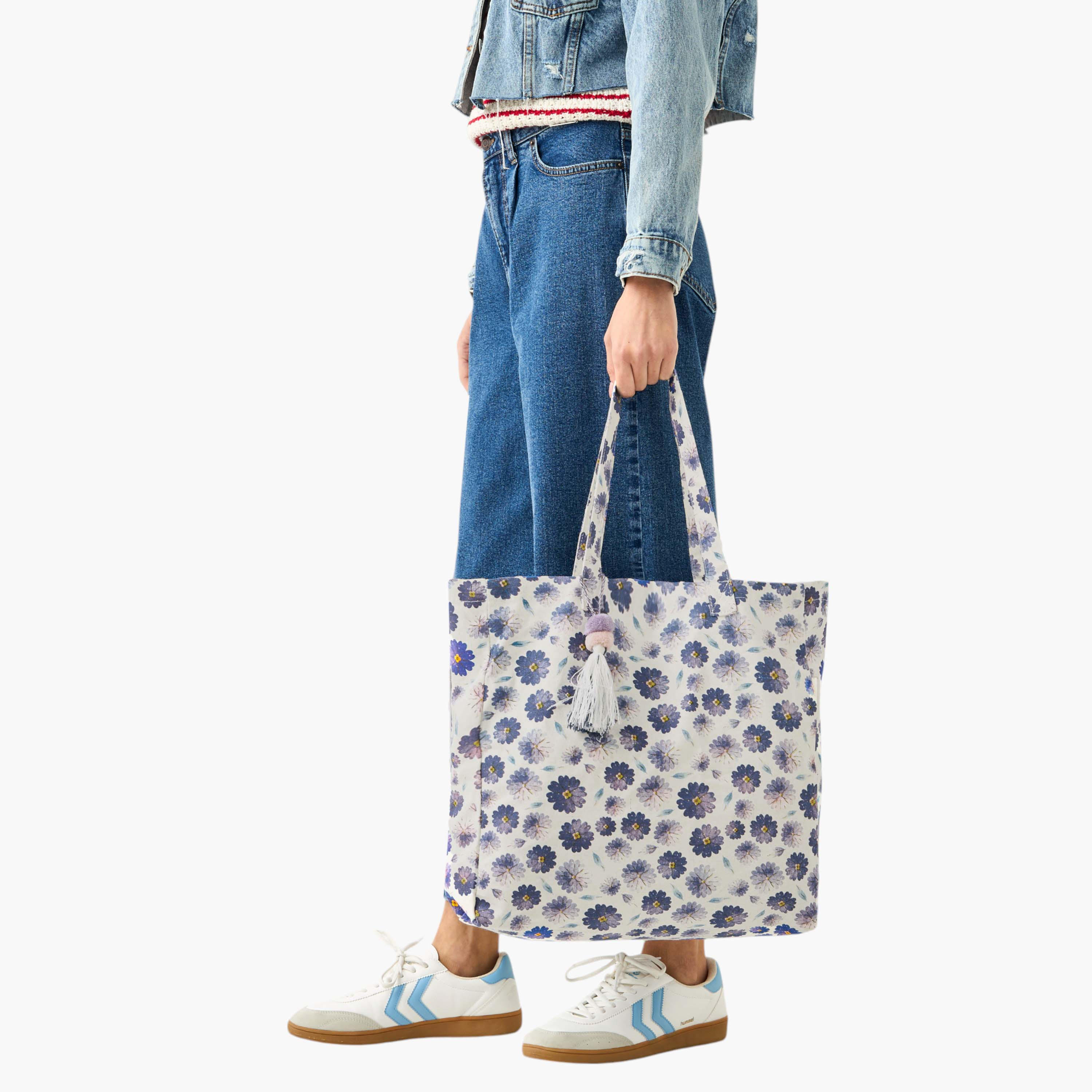 Floral Print Shopper Bag with Double Handles and Tassel Detail-women-bagsandwallets-handbags-image-2