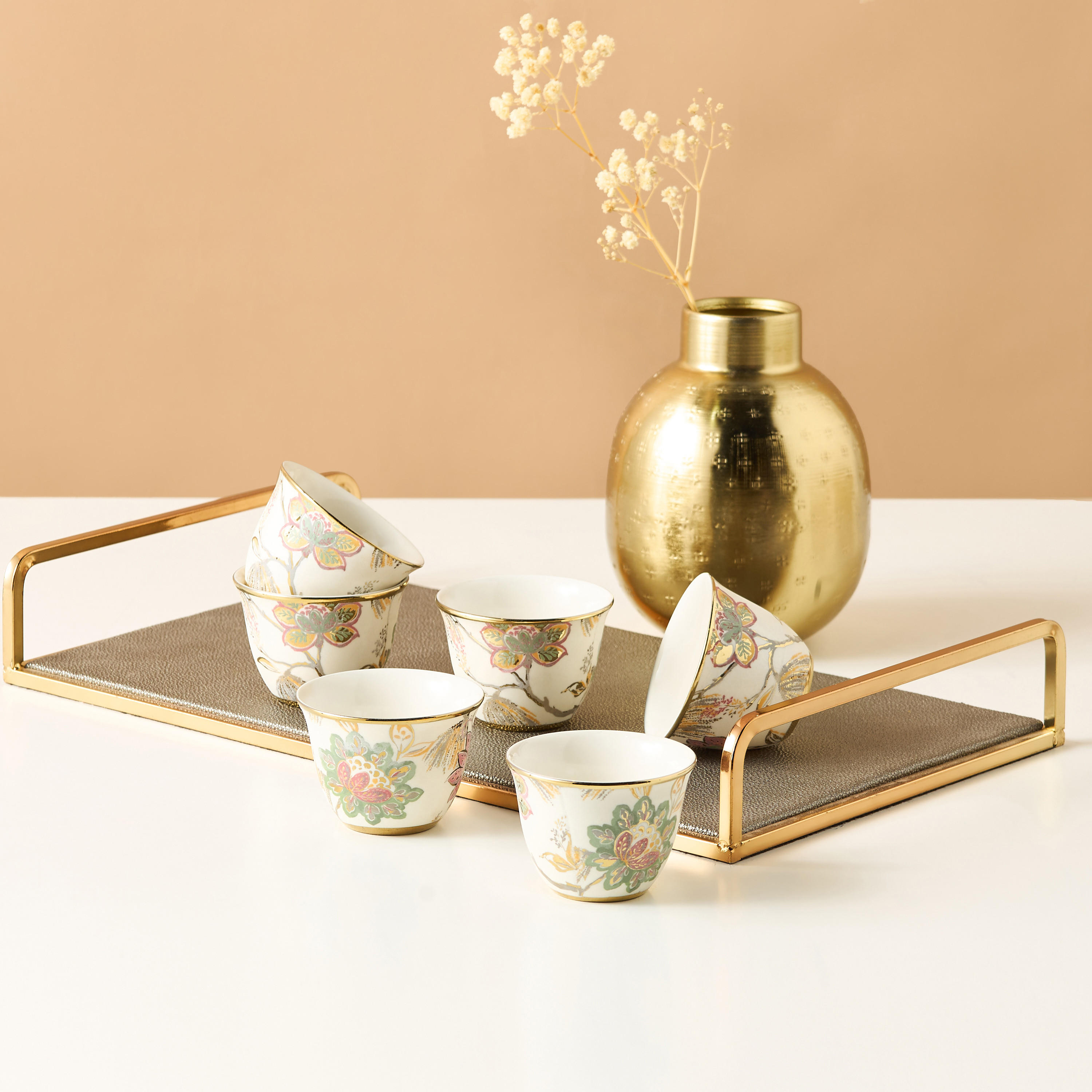 Floral Print Ceramic Kahwa Cup - Set of 6-household-dining-teaandcoffee-teaandcoffeesets-image-1