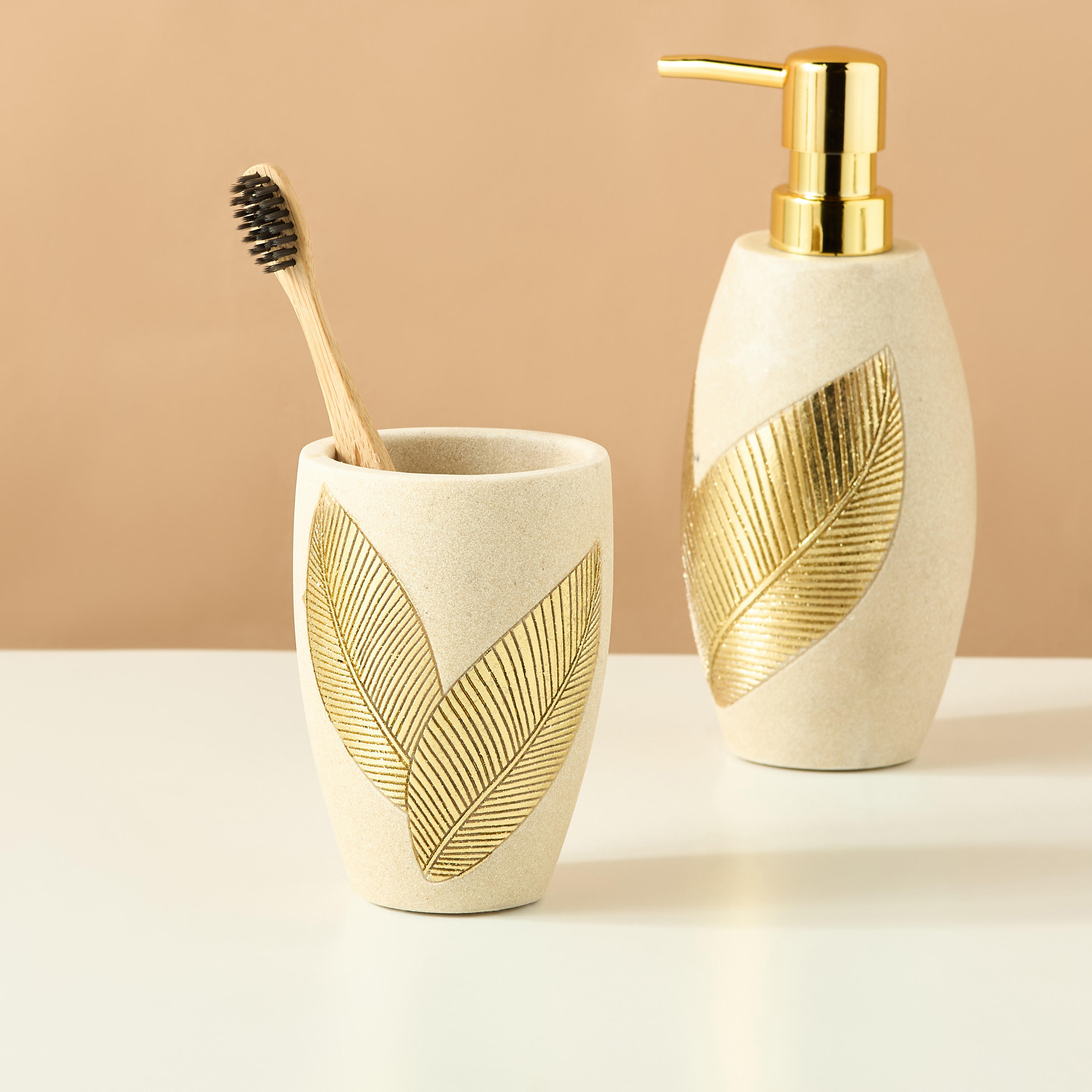 Golden Leaf Embossed Tumbler-household-bathandlaundry-bathaccessories-toothbrushholdersandtumblers-image-1