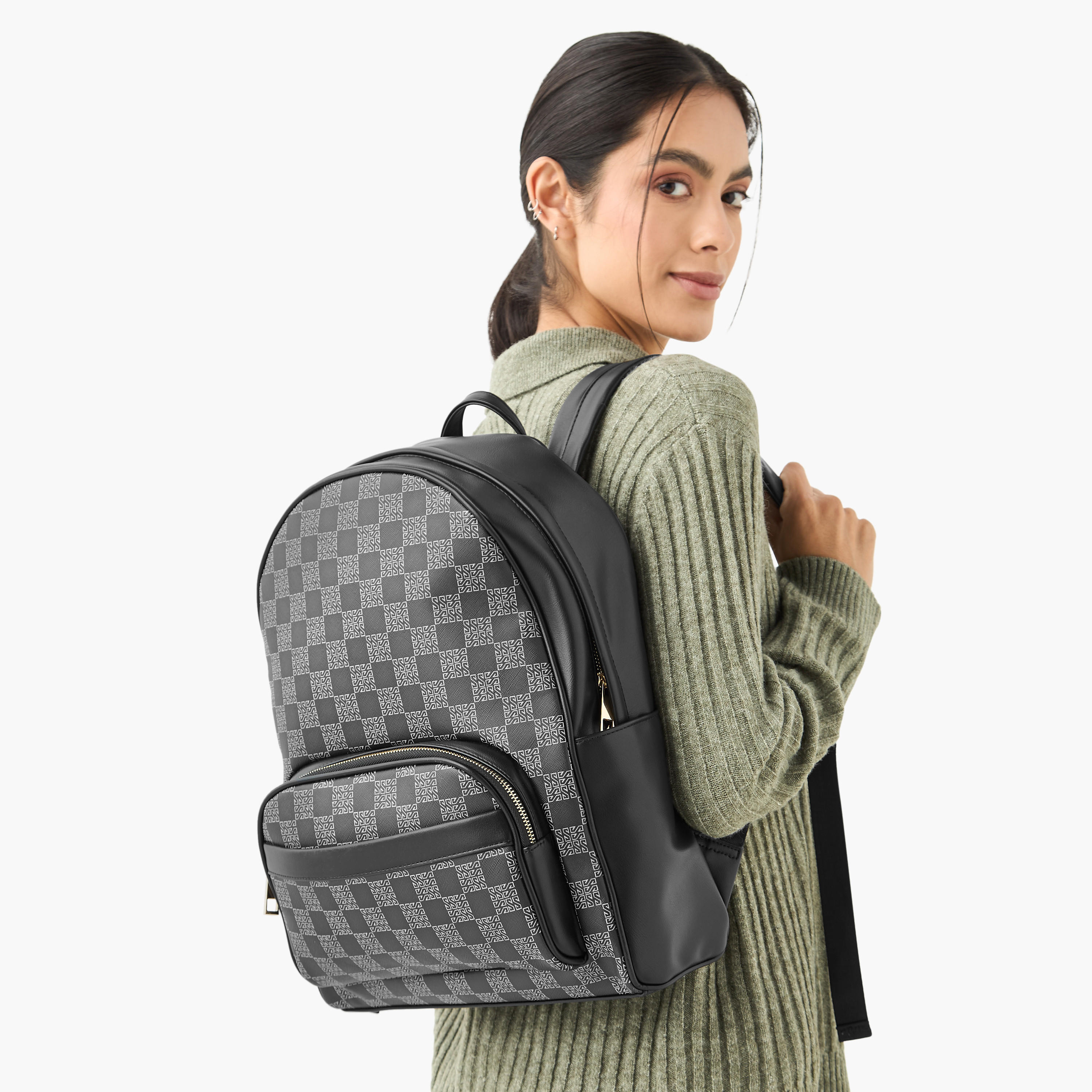 Sasha Tia Checked Backpack with Zip Closure and Adjustable Strap-women-bagsandwallets-backpacks-image-2