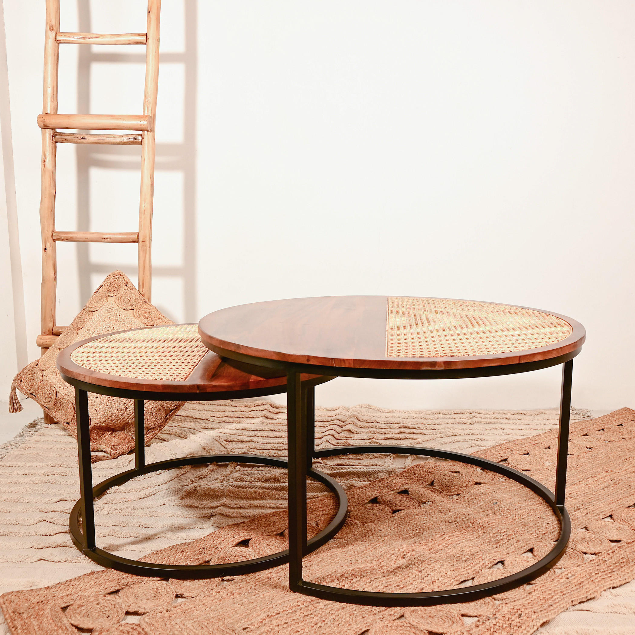 طقم طاولات خشبية متداخلة بتفاصيل روطان قطعتين من هوم كارفينج-furniture-livingroom-nestoftables-image-1