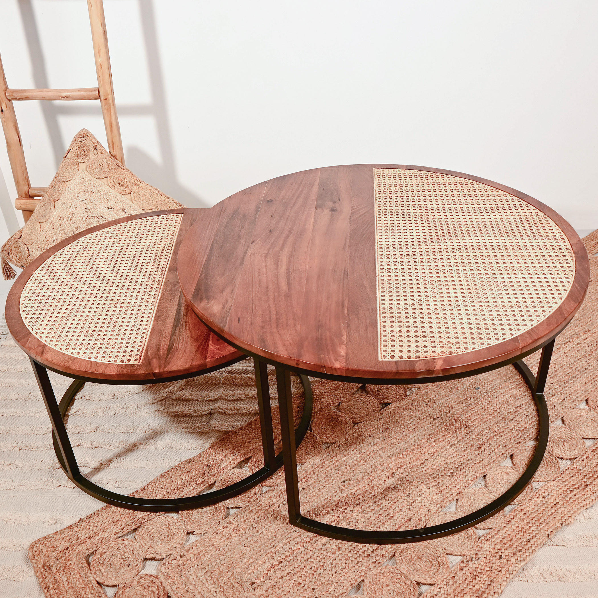 Home Carving 2-Piece Rattan Detail Wooden Nesting Table Set-furniture-livingroom-nestoftables-image-2