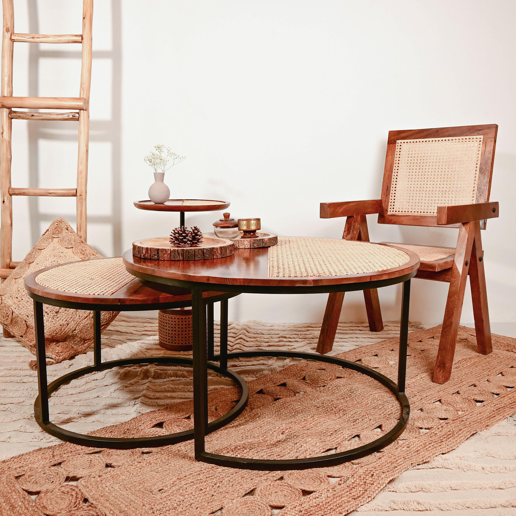 Home Carving 2-Piece Rattan Detail Wooden Nesting Table Set-furniture-livingroom-nestoftables-image-5