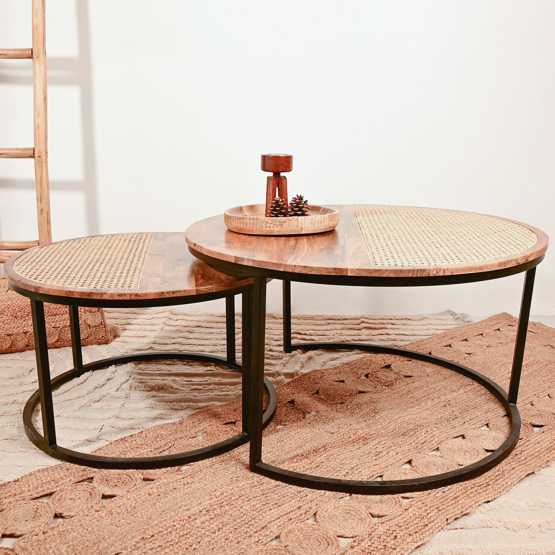 Home Carving 2-Piece Rattan Detail Wooden Nesting Table Set-furniture-livingroom-nestoftables-image-1