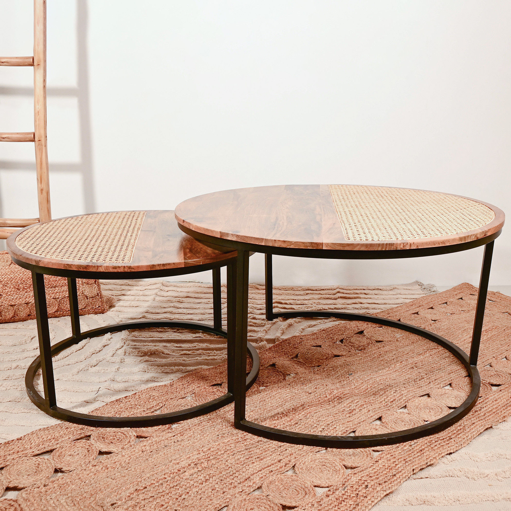 Home Carving 2-Piece Rattan Detail Wooden Nesting Table Set-furniture-livingroom-nestoftables-image-2