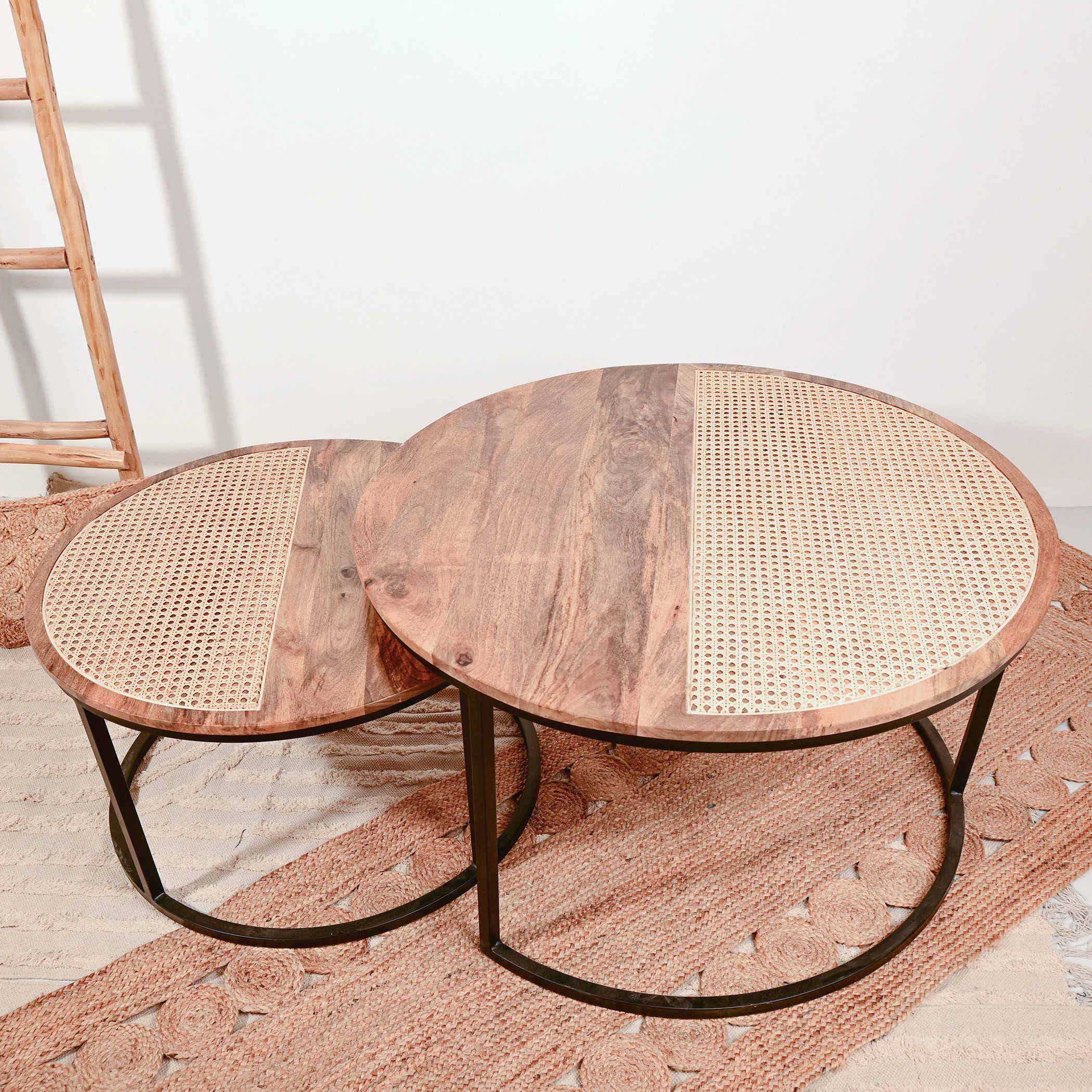 Home Carving 2-Piece Rattan Detail Wooden Nesting Table Set-furniture-livingroom-nestoftables-image-3