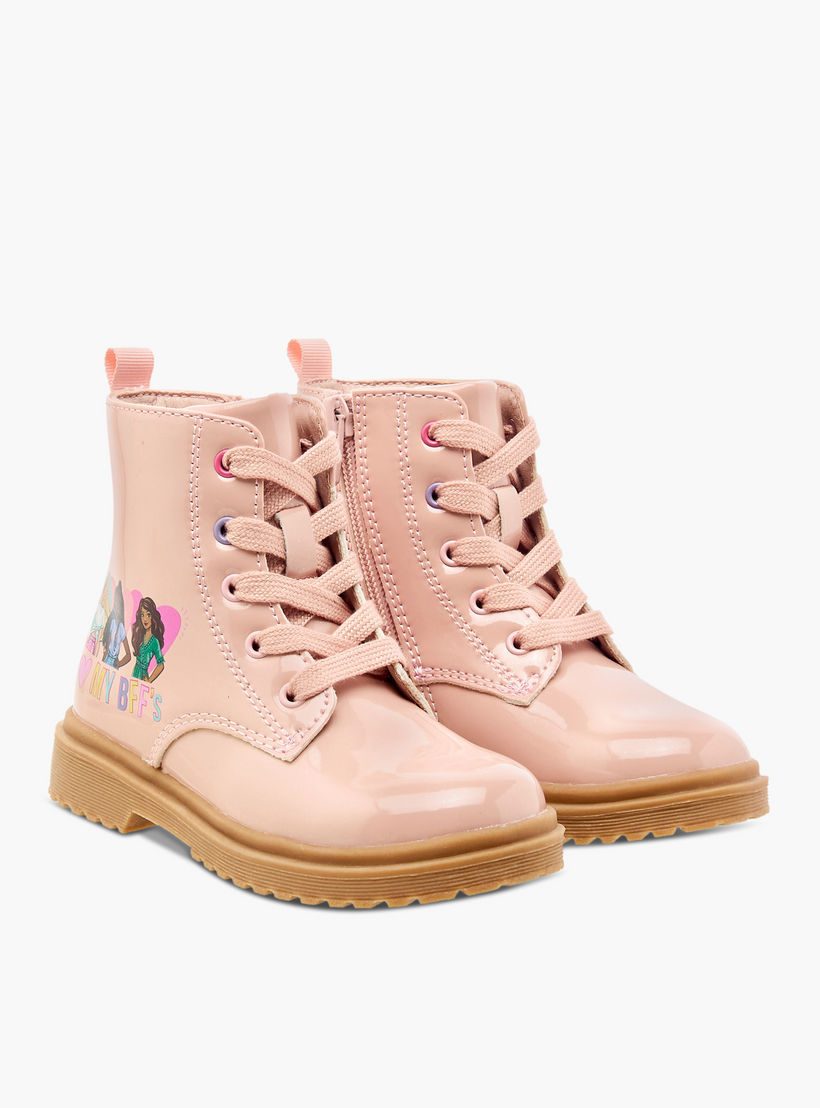 Barbie Printed Ankle Boots with Lace-Up Closure-girls-shoes-boots-image-1