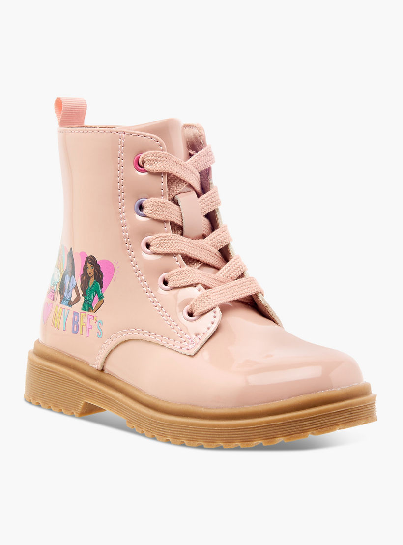 Barbie Printed Ankle Boots with Lace-Up Closure-girls-shoes-boots-image-2