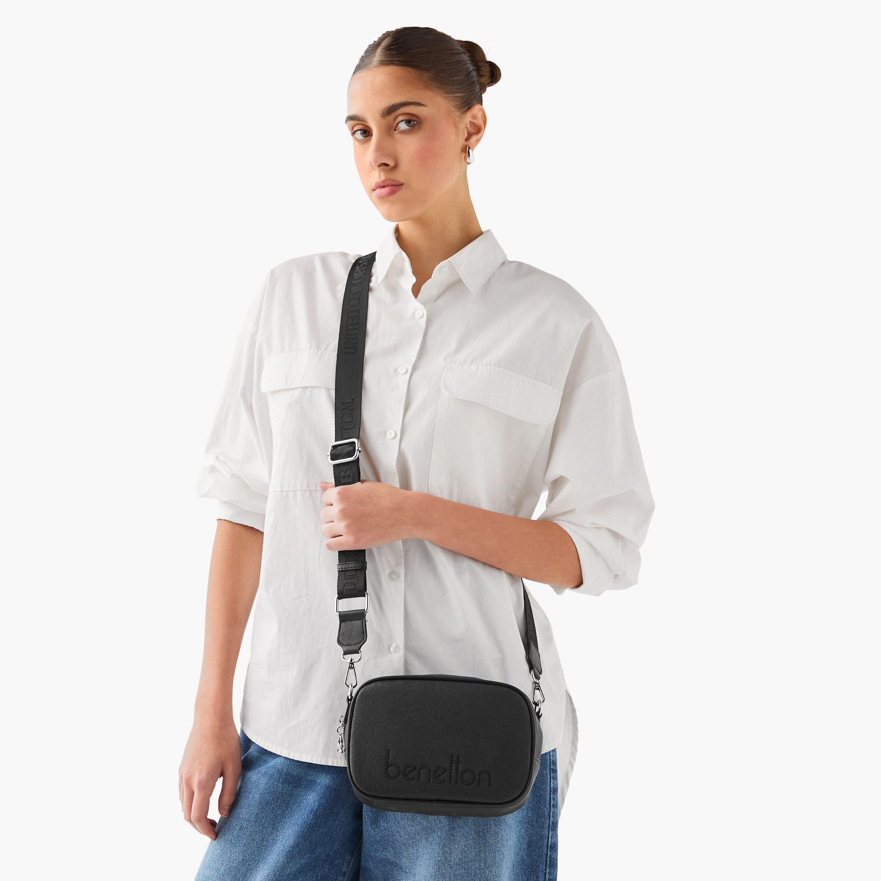 UCB Logo Detail Crossbody bag with Adjustable Strap and Zip Closure-women-bagsandwallets-handbags-image-2