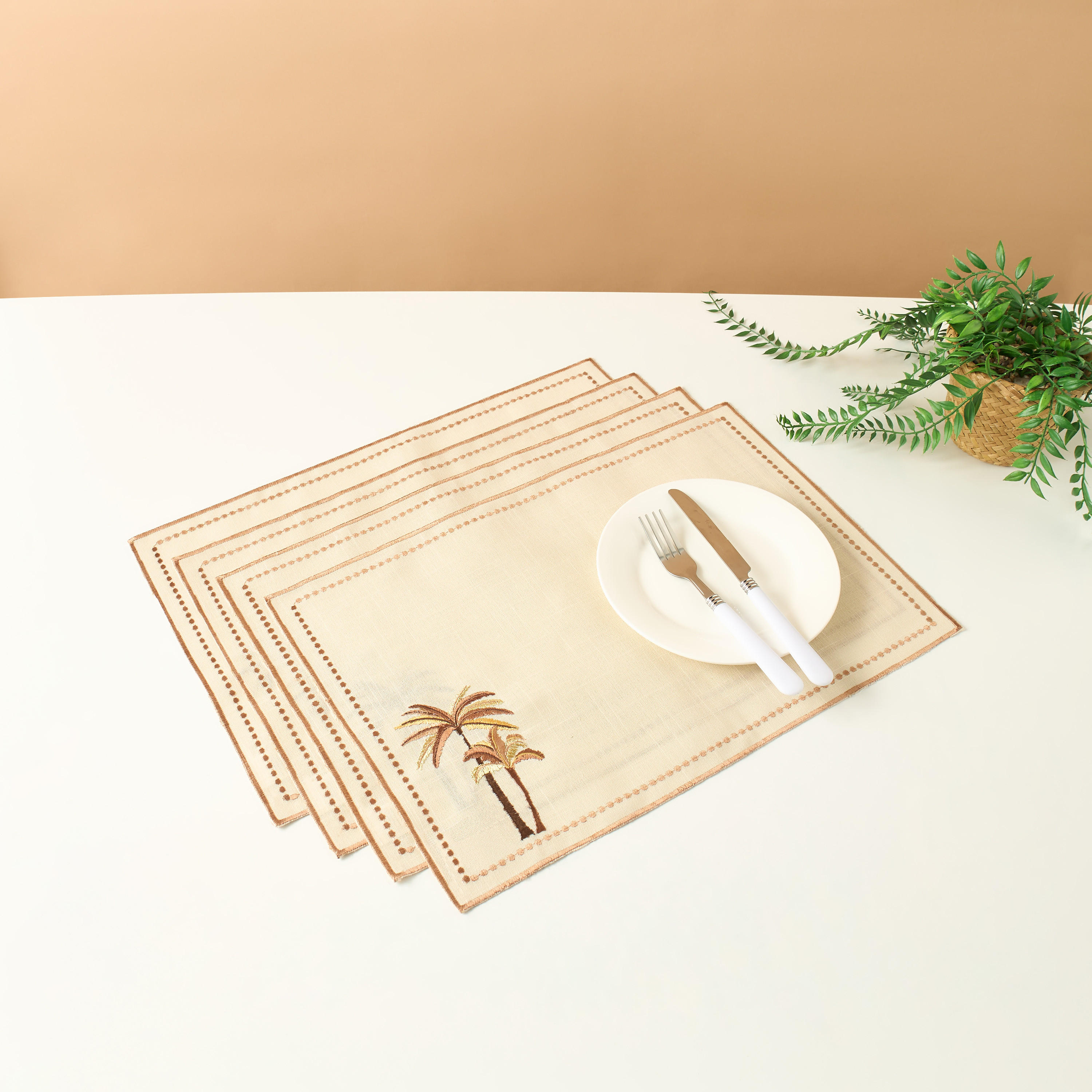 Palm 4-Piece Embroidered Placemat Set - 45x30 cms-household-dining-tablelinen-placemats-image-1