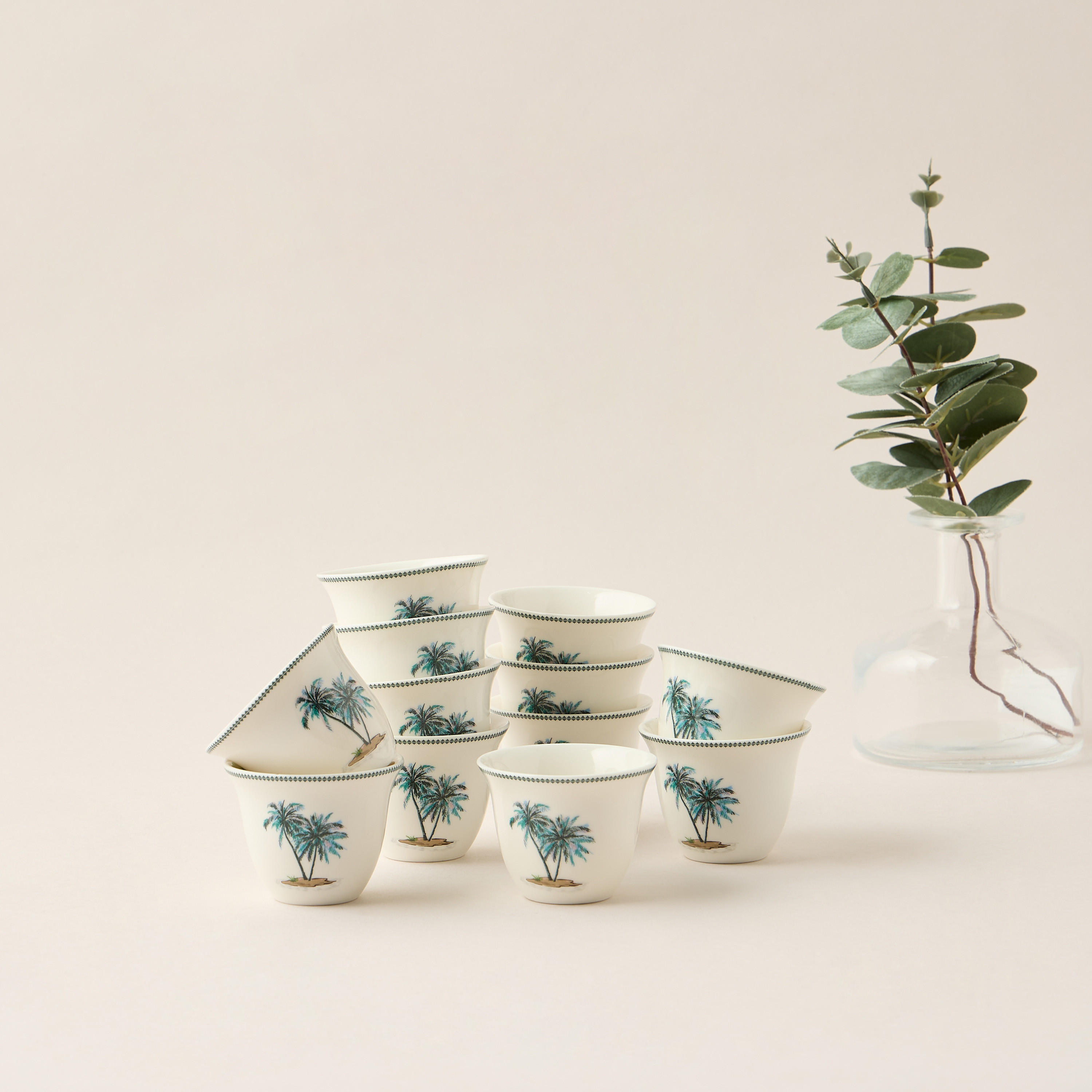 Palm Print 12-Piece New Bone China Kahwa Cup Set-household-dining-teaandcoffee-teaandcoffeesets-image-1