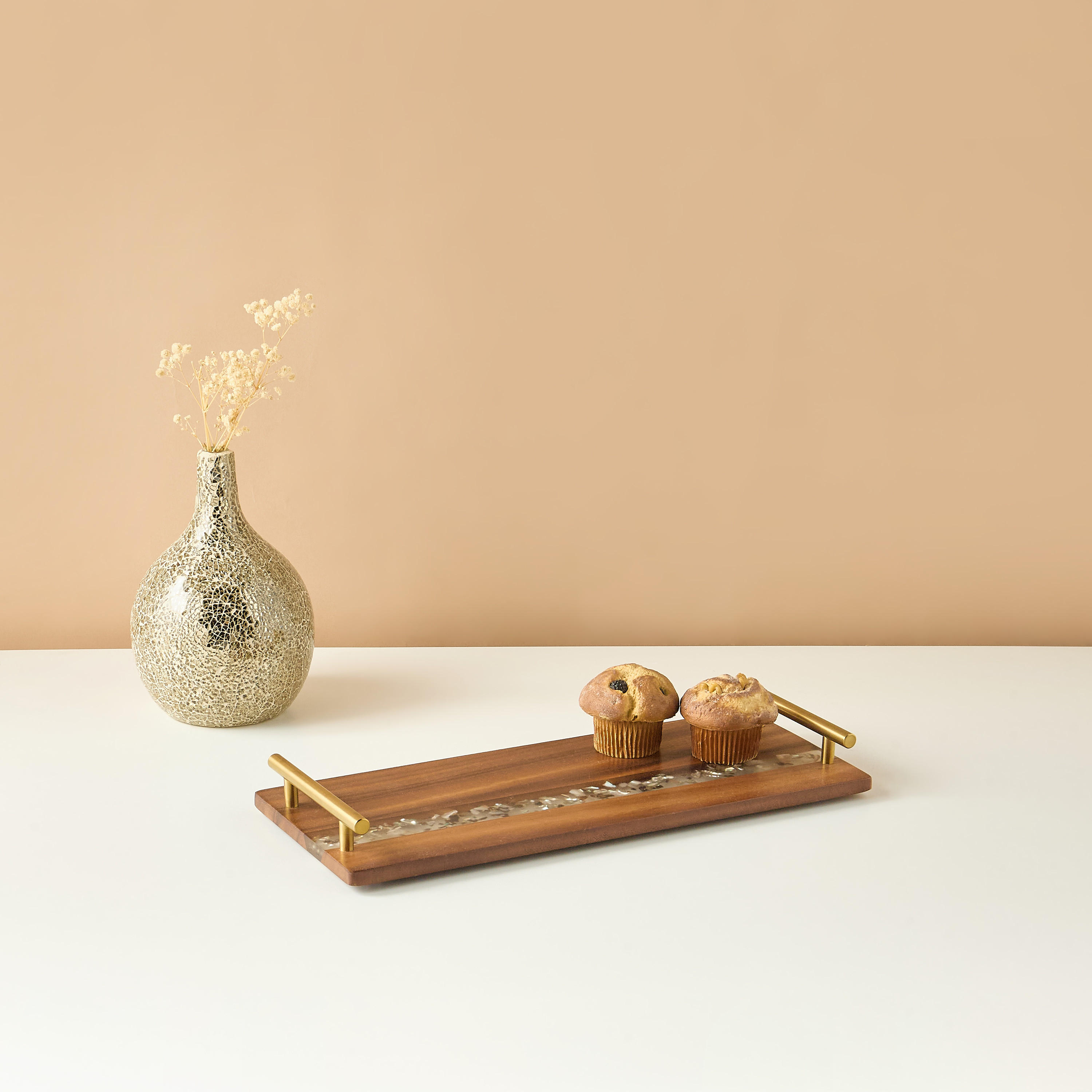 Resin Embellished Acacia Wood Serving Tray with Handles - 43x18 cms-household-dining-serveware-servingtrays-image-1