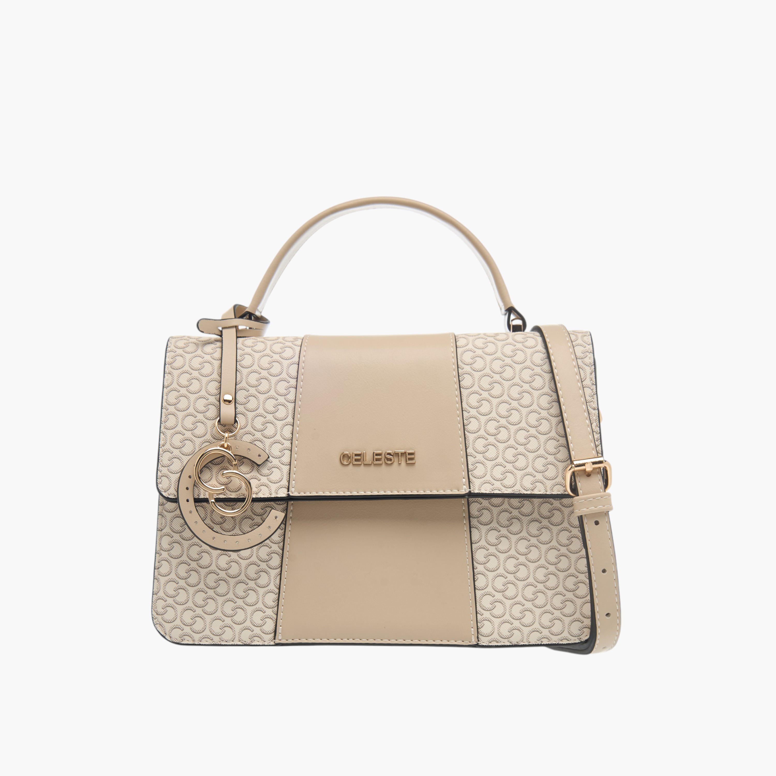 Celeste Monogram Print Satchel Bag with Button Closure and Grab Handle-women-bagsandwallets-handbags-image-1