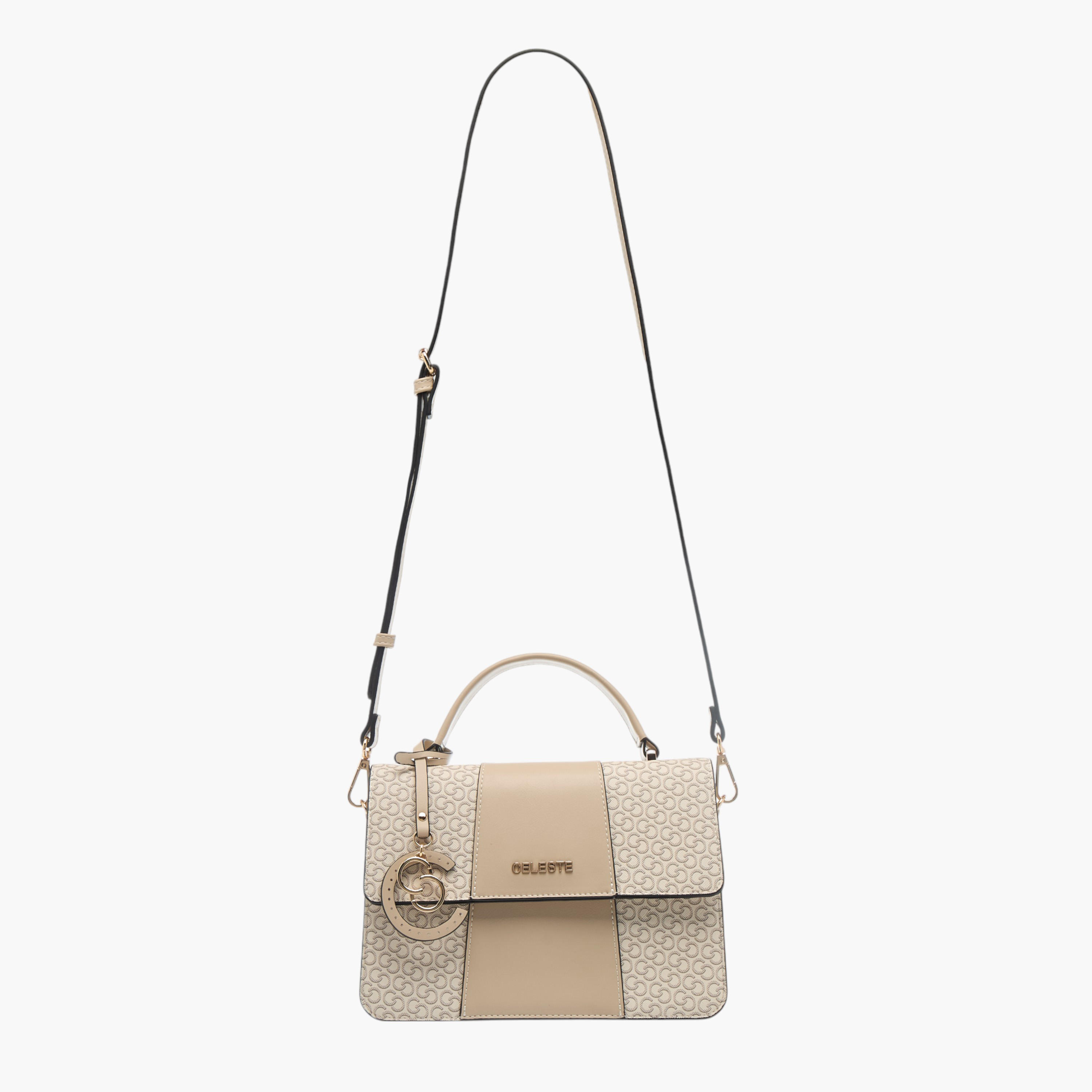 Celeste Monogram Print Satchel Bag with Button Closure and Grab Handle-women-bagsandwallets-handbags-image-2