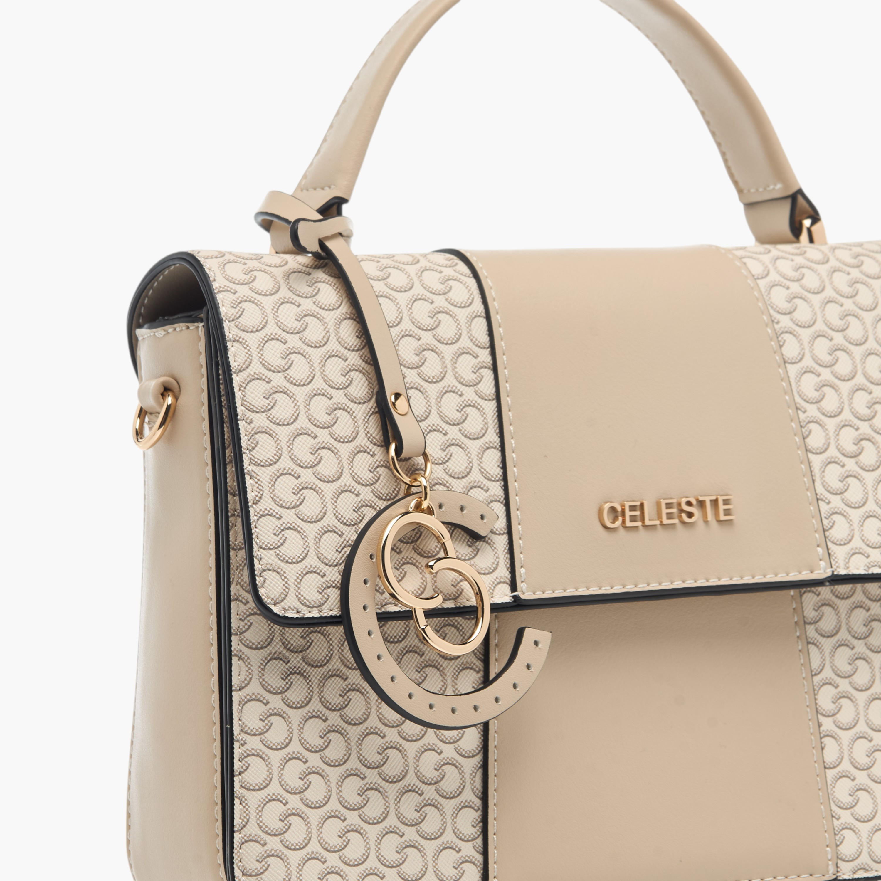 Celeste Monogram Print Satchel Bag with Button Closure and Grab Handle-women-bagsandwallets-handbags-image-4