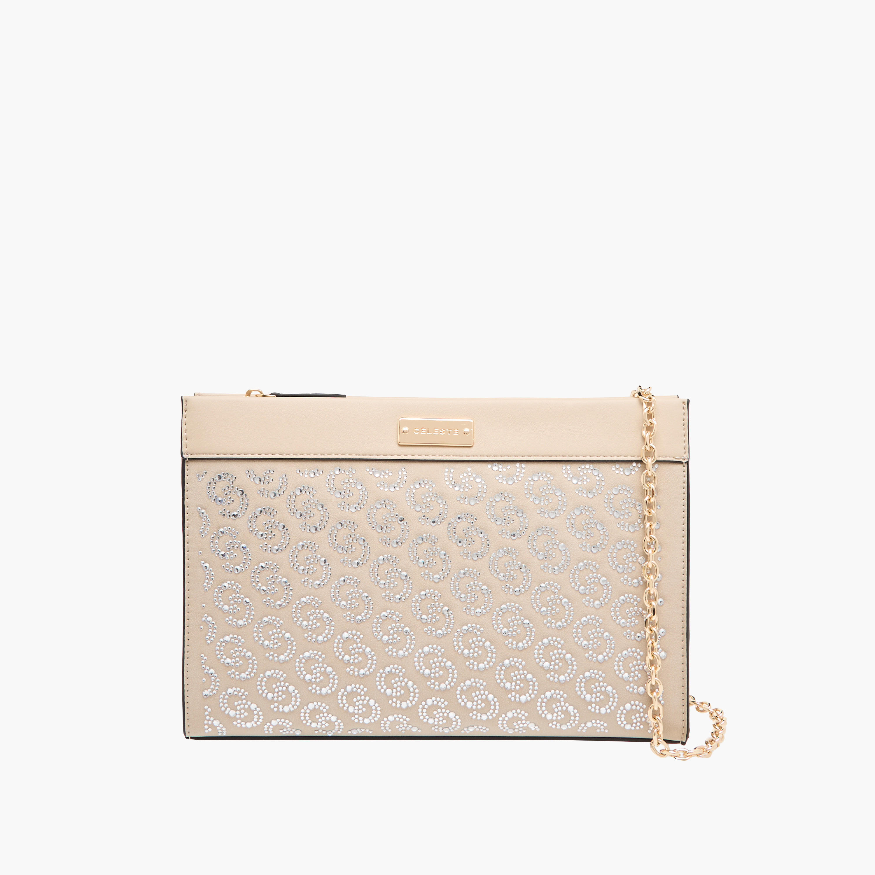 شنطة كروس بودي بنقوش مونوغرام مع سحاب للإغلاق وحزام سلسلة من سيليست-women-bagsandwallets-handbags-image-1