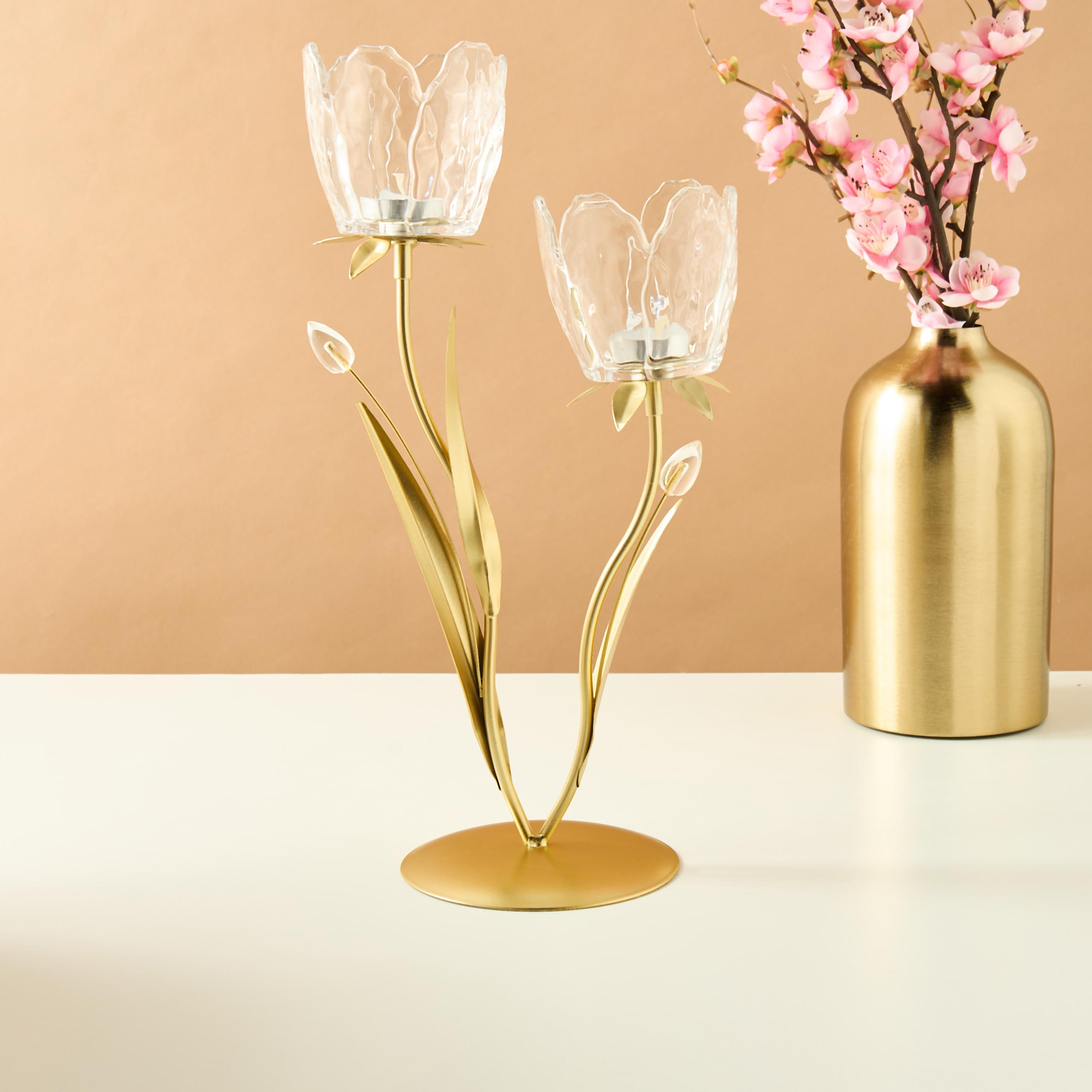 Floral Shaped Glass 2-Arm Tealight Candleholder - 36 cms-household-decor-candleholdersandlanterns-image-1