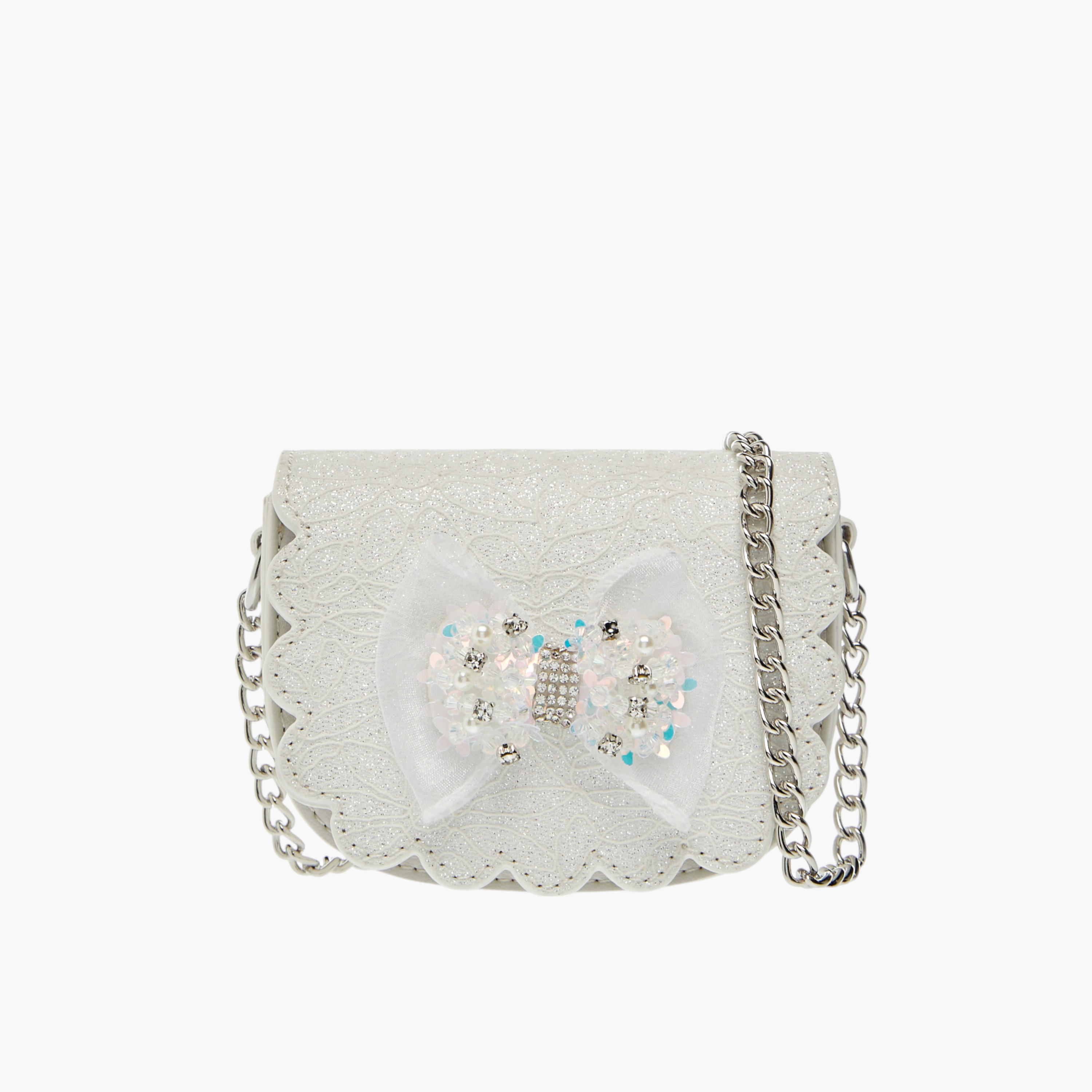شنطة كروس بودي بزينة فيونكة وحزام سلسلة وزر إغلاق من ليتل ميسي-girls-accessories-bags-image-1