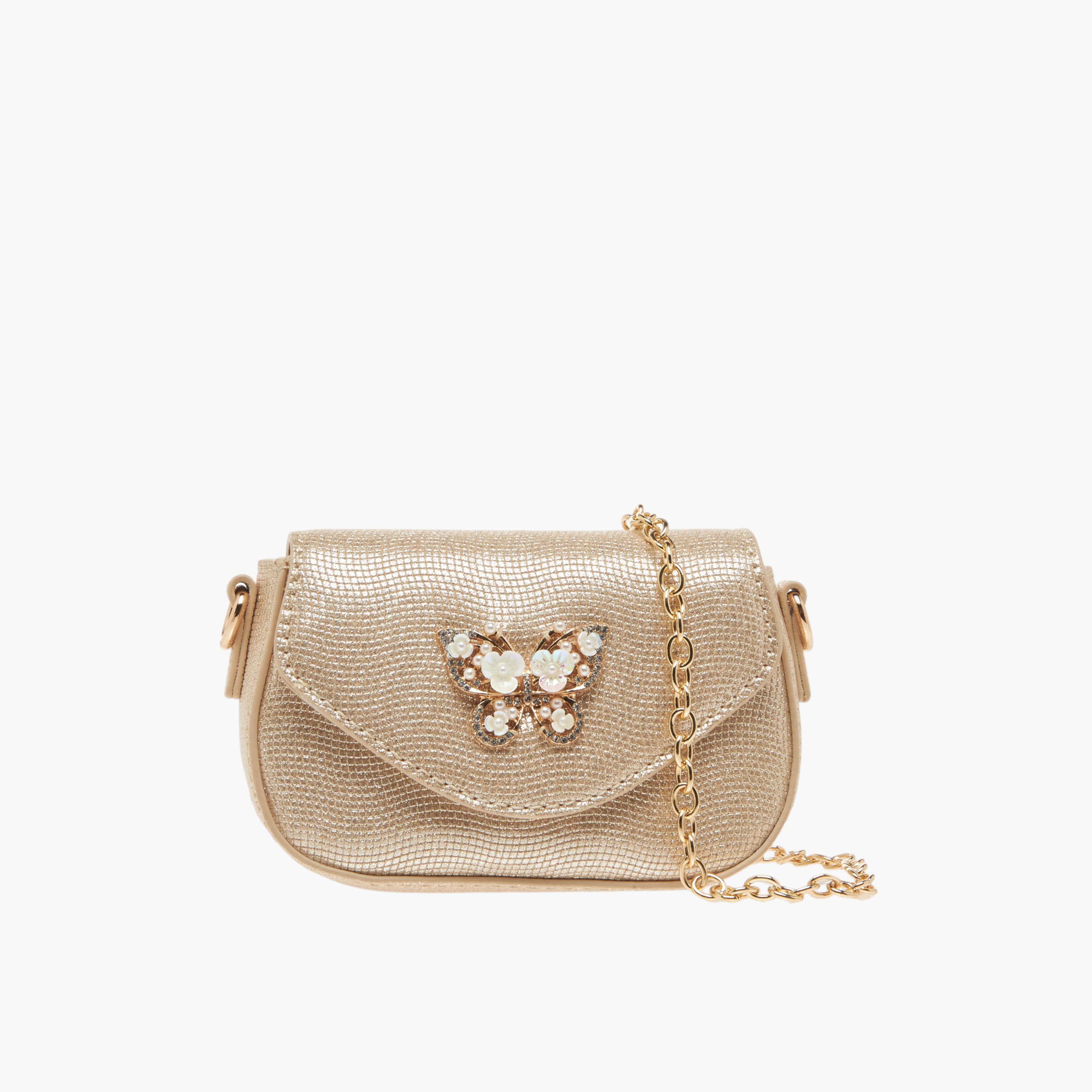 شنطة كروس بودي بفراشة مزينة وبحزام سلسلة قابل للفصل وزر إغلاق من ليتل ميسي-girls-accessories-bags-image-1