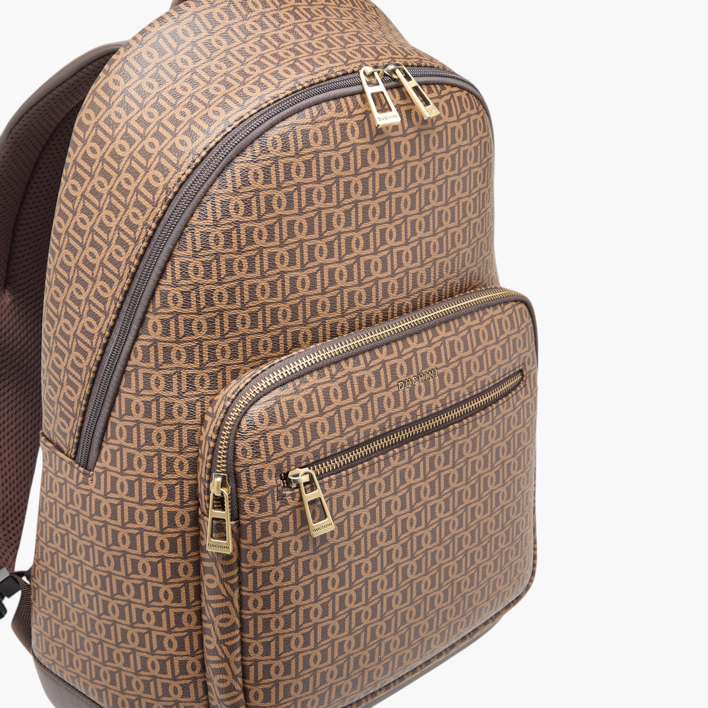 Duchini Monogram Print Backpack with Zip Closure and Laptop Compartment - 31x43x17 cm-men-bags-image-4