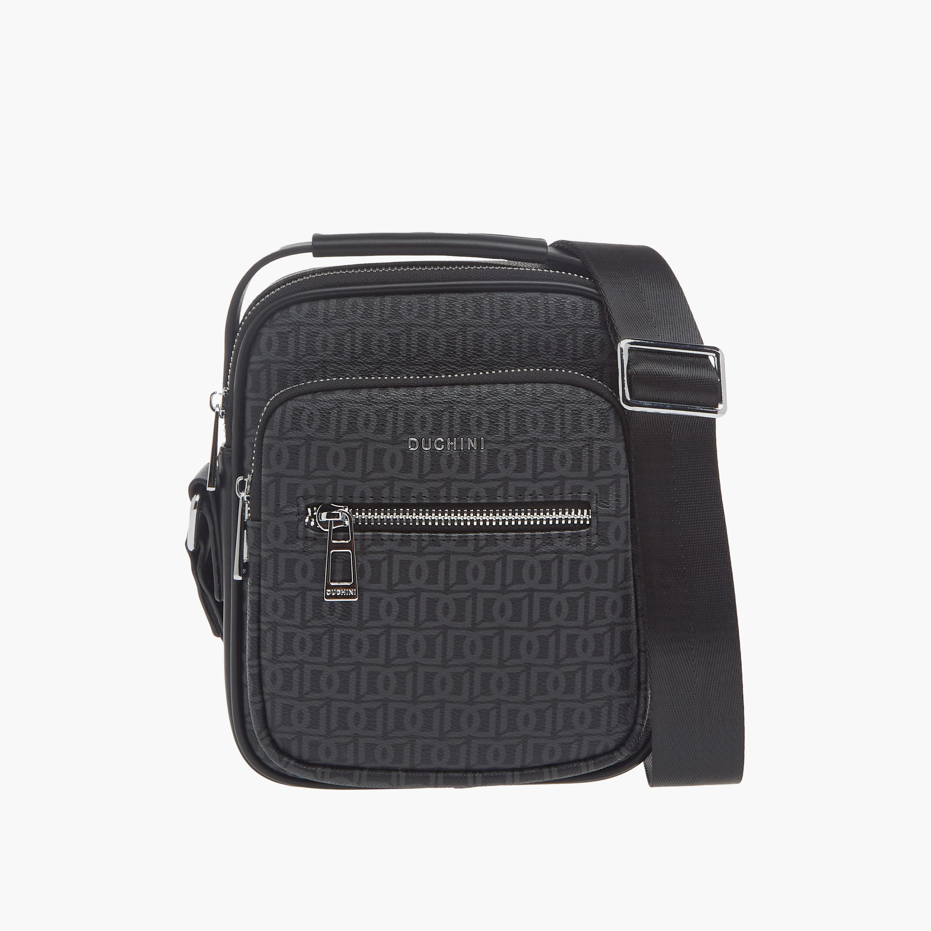 Duchini Monogram Print Crossbody Bag with Zip Closure and Adjustable Strap-men-bags-image-1