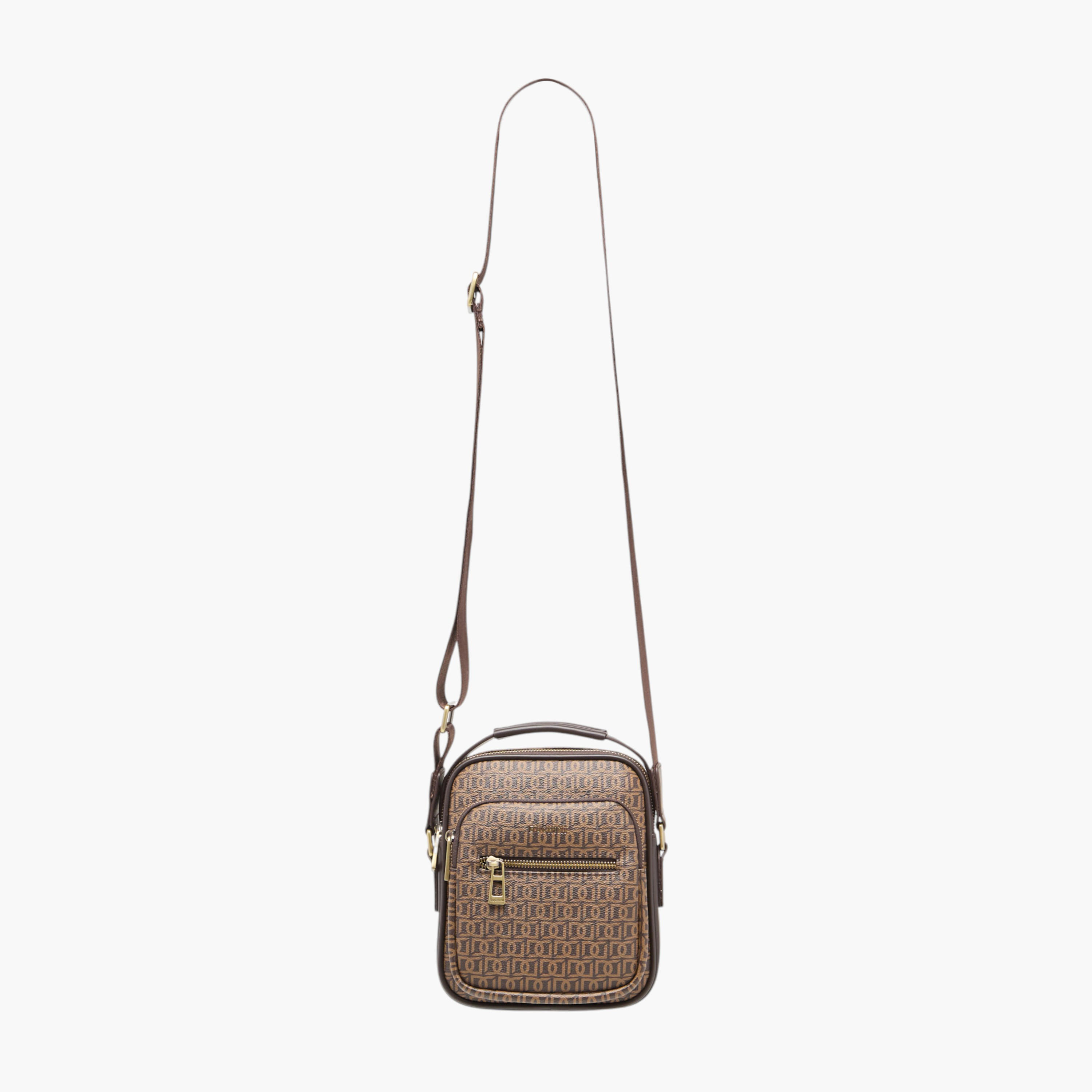 Duchini Monogram Print Crossbody Bag with Zip Closure and Adjustable Strap-men-bags-image-2