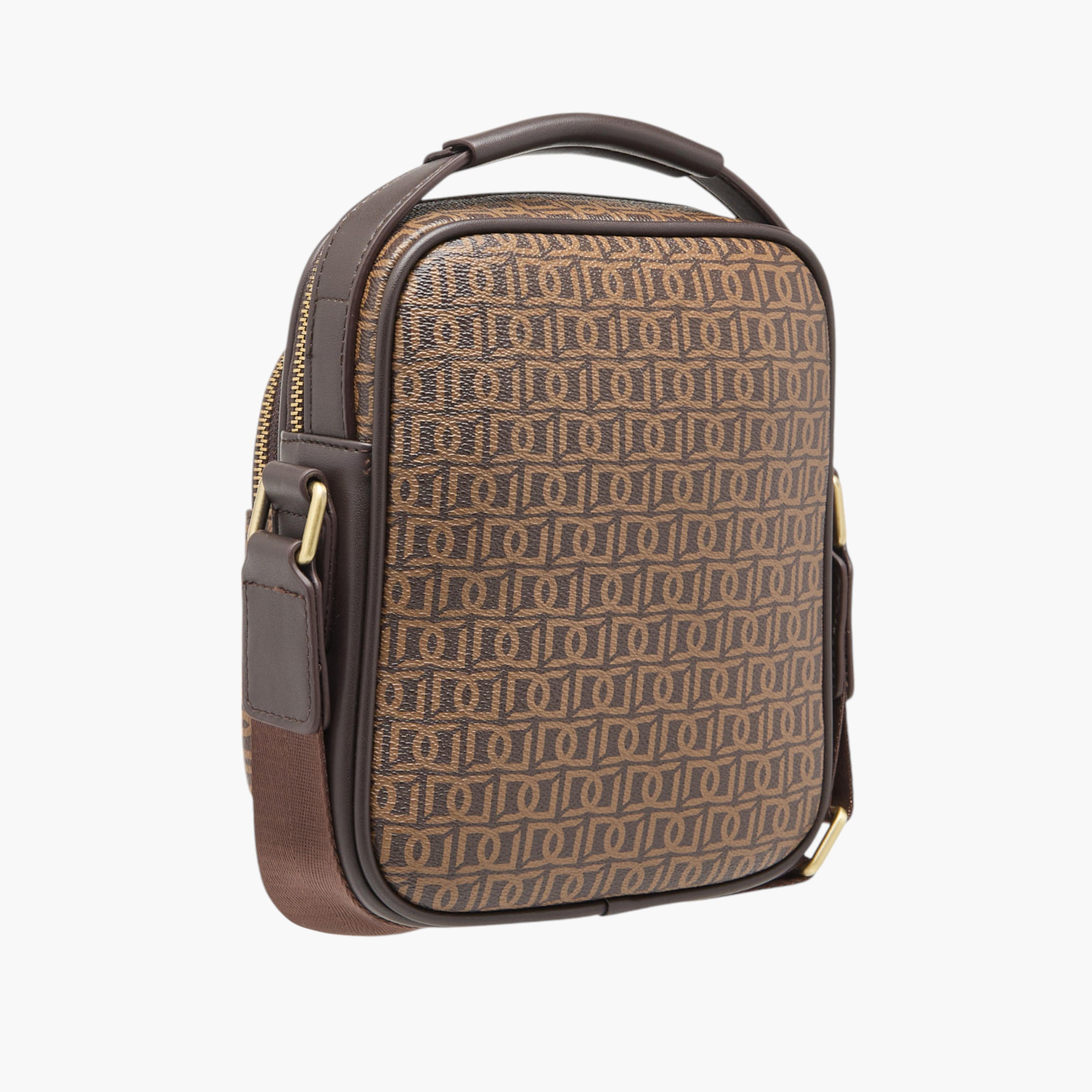 Duchini Monogram Print Crossbody Bag with Zip Closure and Adjustable Strap-men-bags-image-3