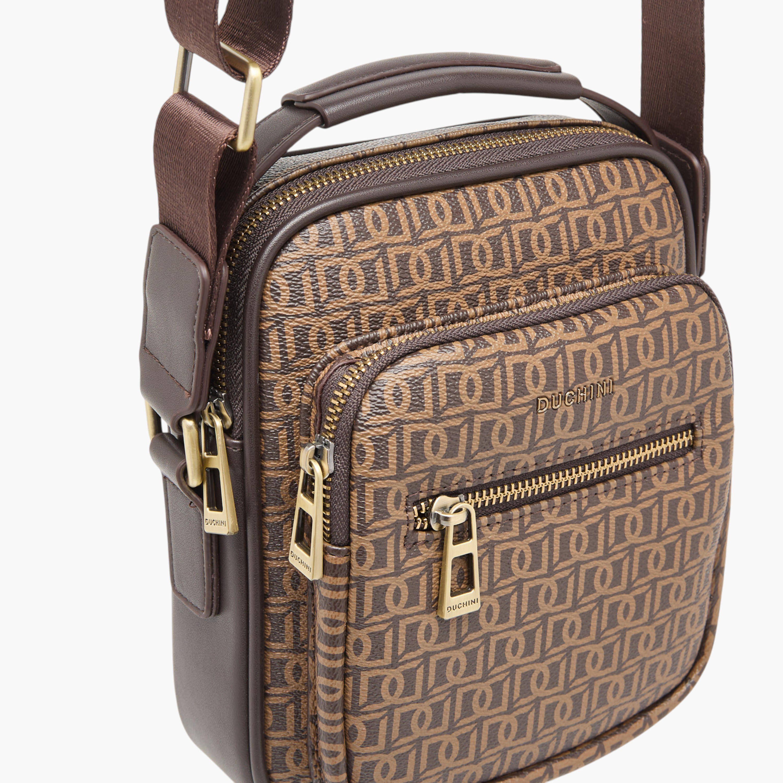 Duchini Monogram Print Crossbody Bag with Zip Closure and Adjustable Strap-men-bags-image-4