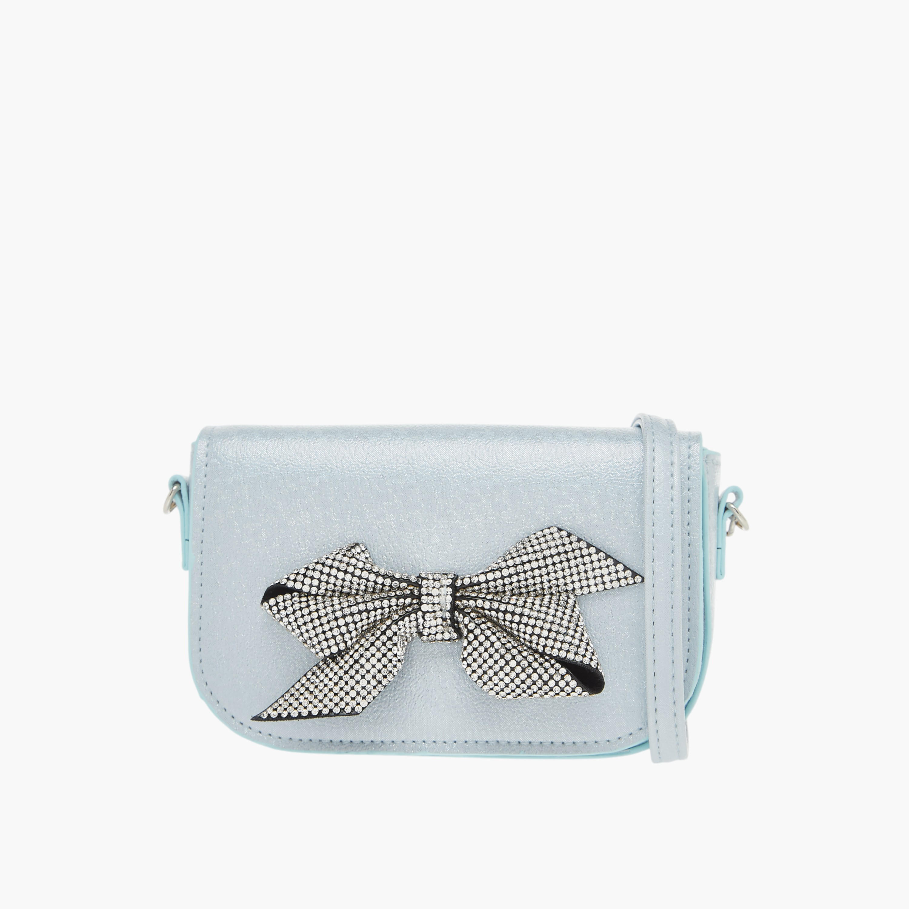 Celeste Bow Embellished Crossbody Bag with Chain Detail Strap and Flap Closure-girls-accessories-bags-image-1