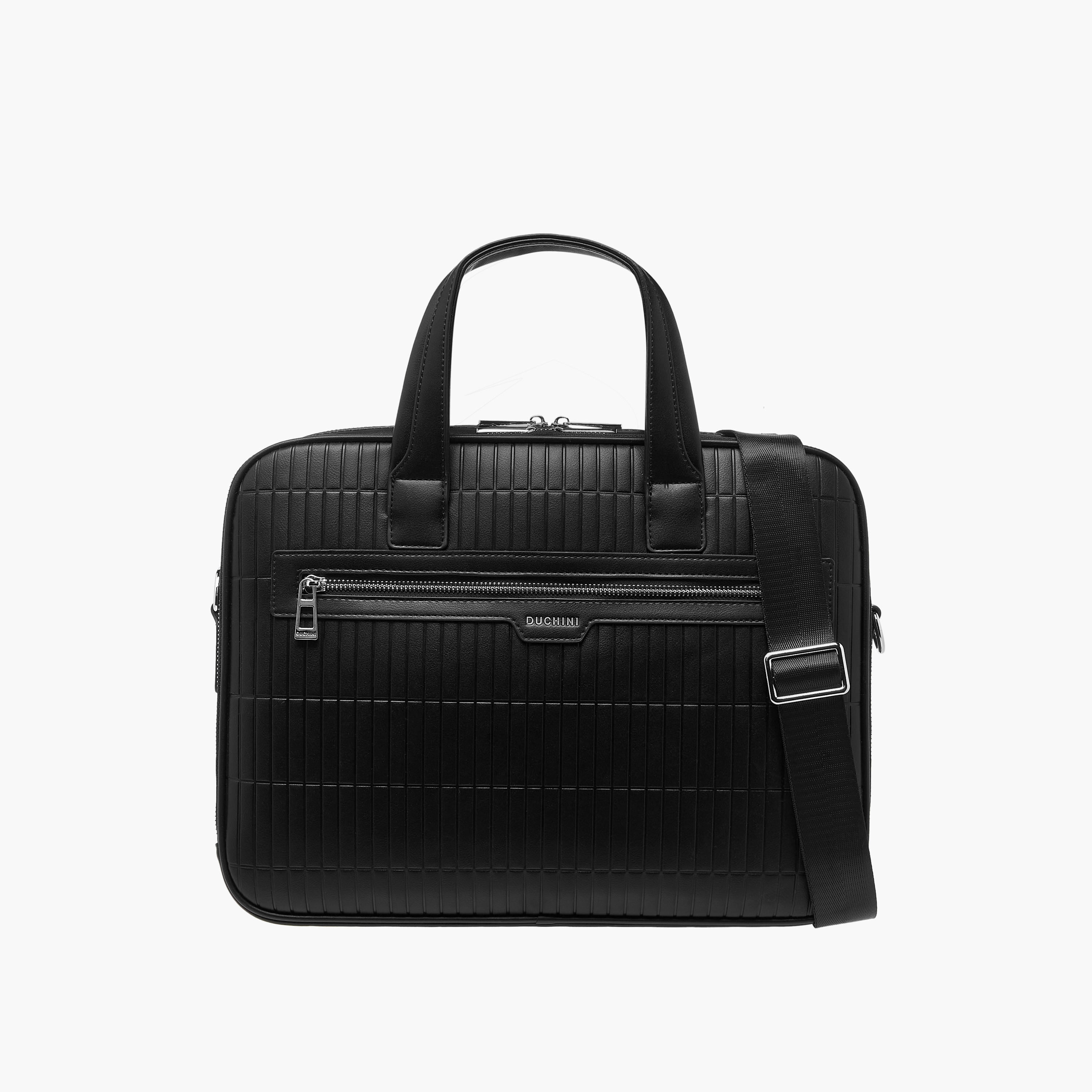 Duchini Panelled Laptop Bag with Handles and Detachable Strap-men-bags-image-1