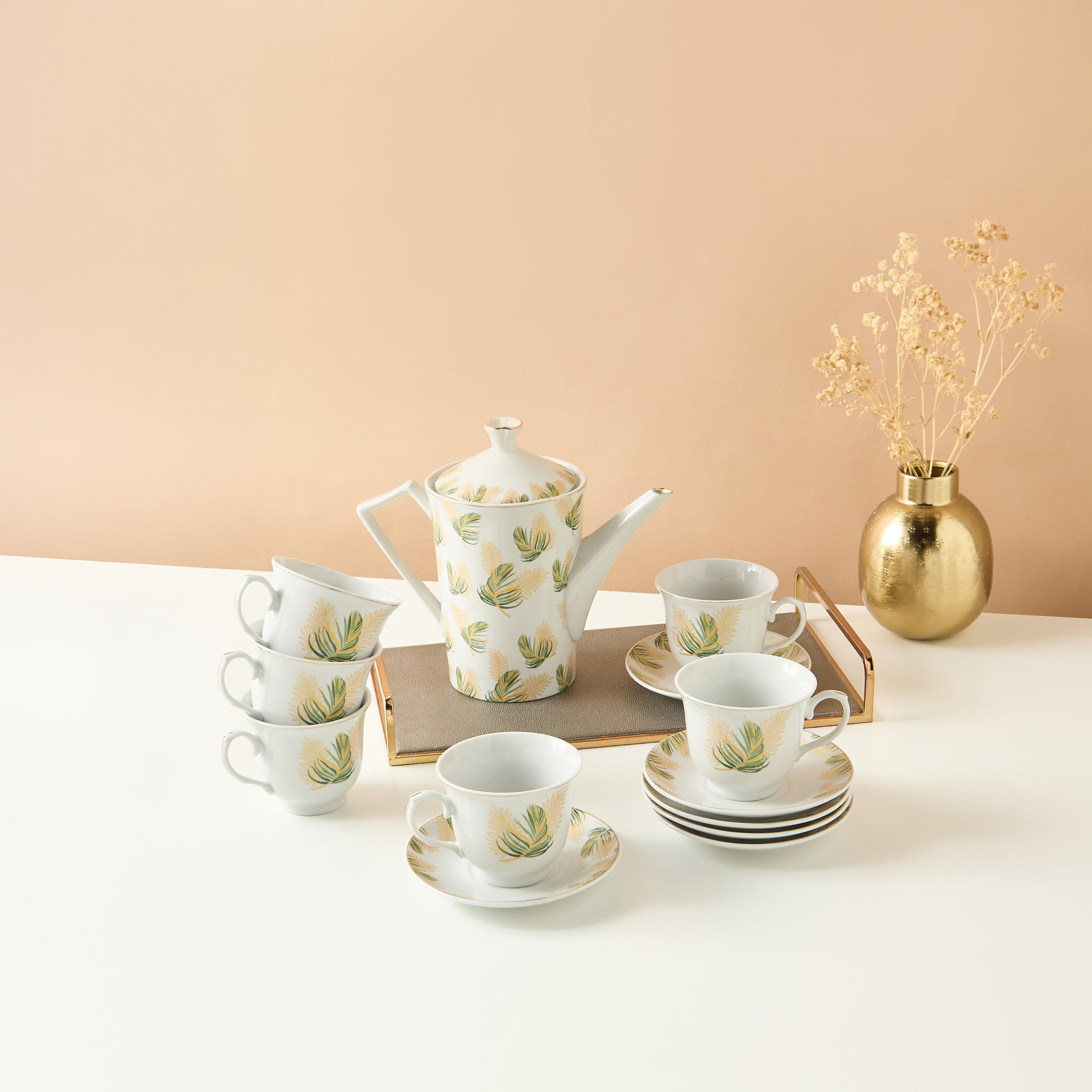 Palm Printed 13-Piece Cup and Saucer Set with Teapot-household-dining-teaandcoffee-teaandcoffeesets-image-1