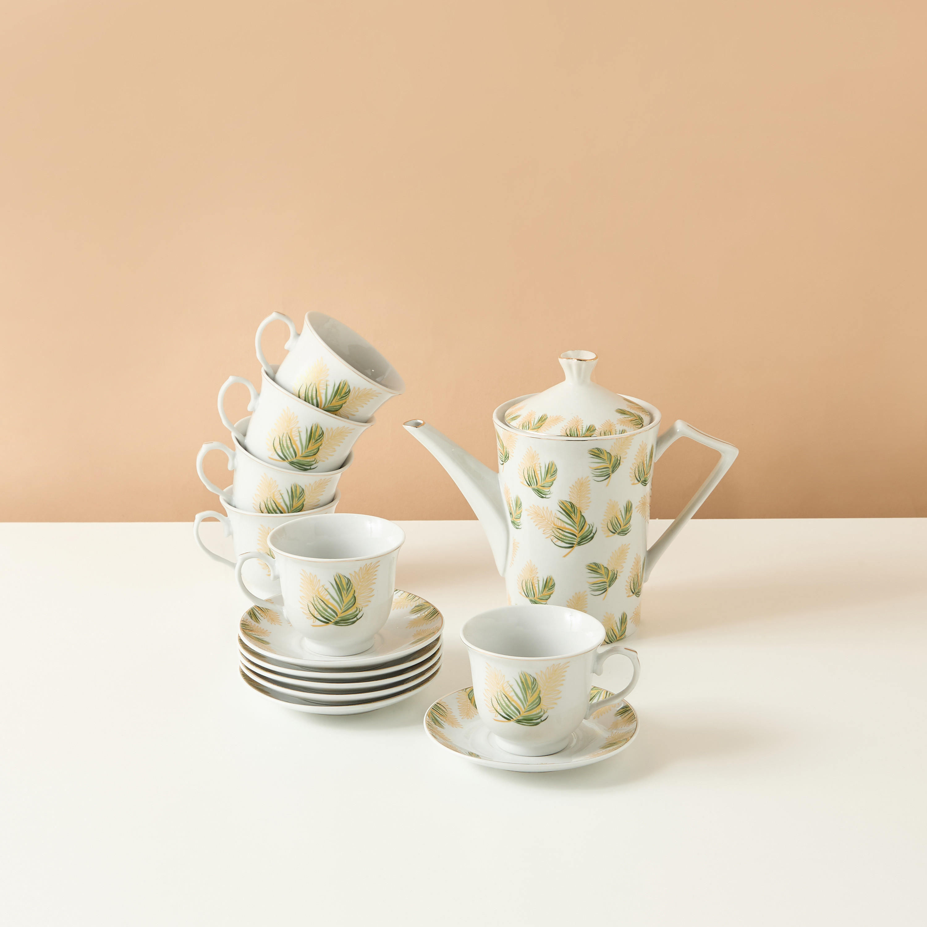 Palm Printed 13-Piece Cup and Saucer Set with Teapot-household-dining-teaandcoffee-teaandcoffeesets-image-2