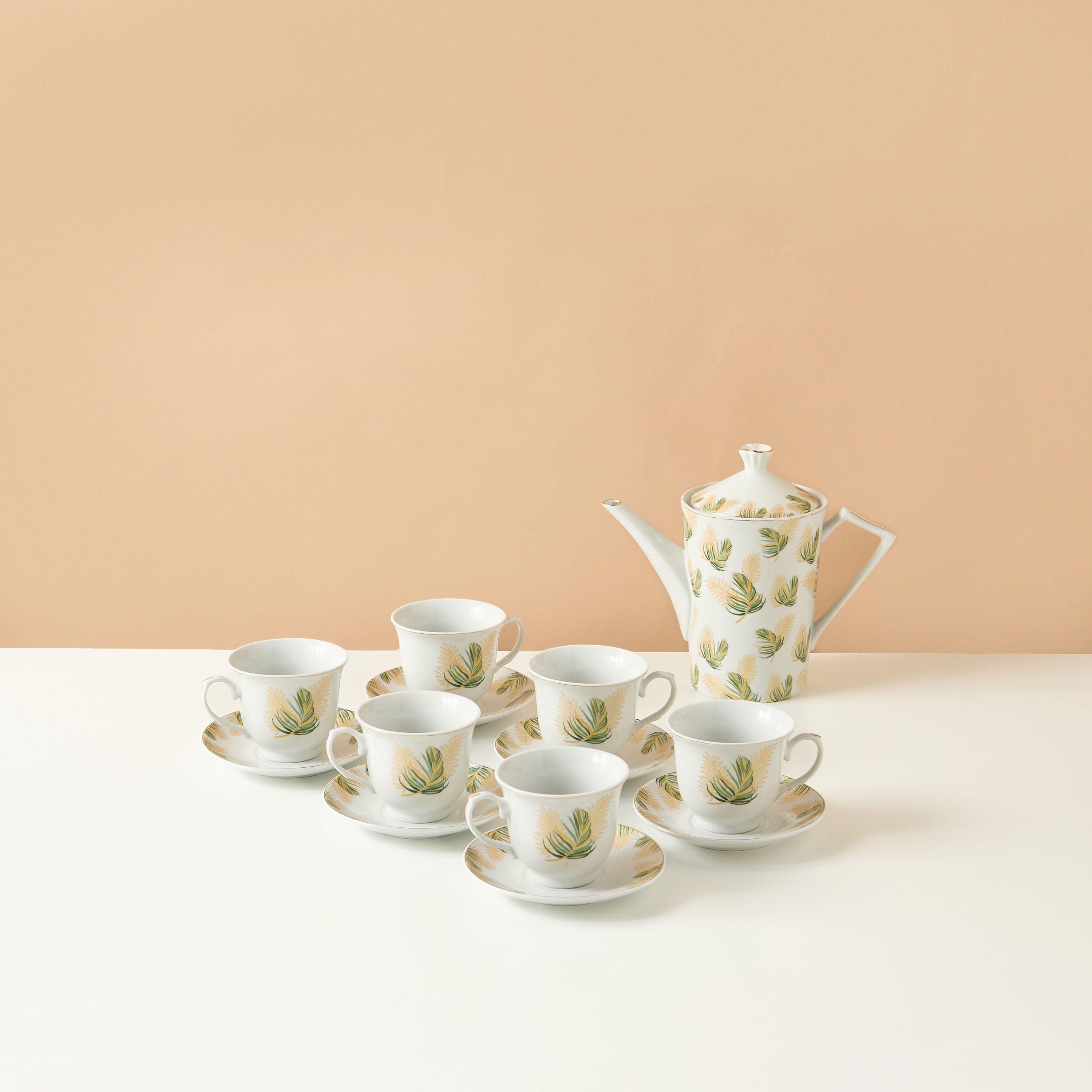Palm Printed 13-Piece Cup and Saucer Set with Teapot-household-dining-teaandcoffee-teaandcoffeesets-image-3