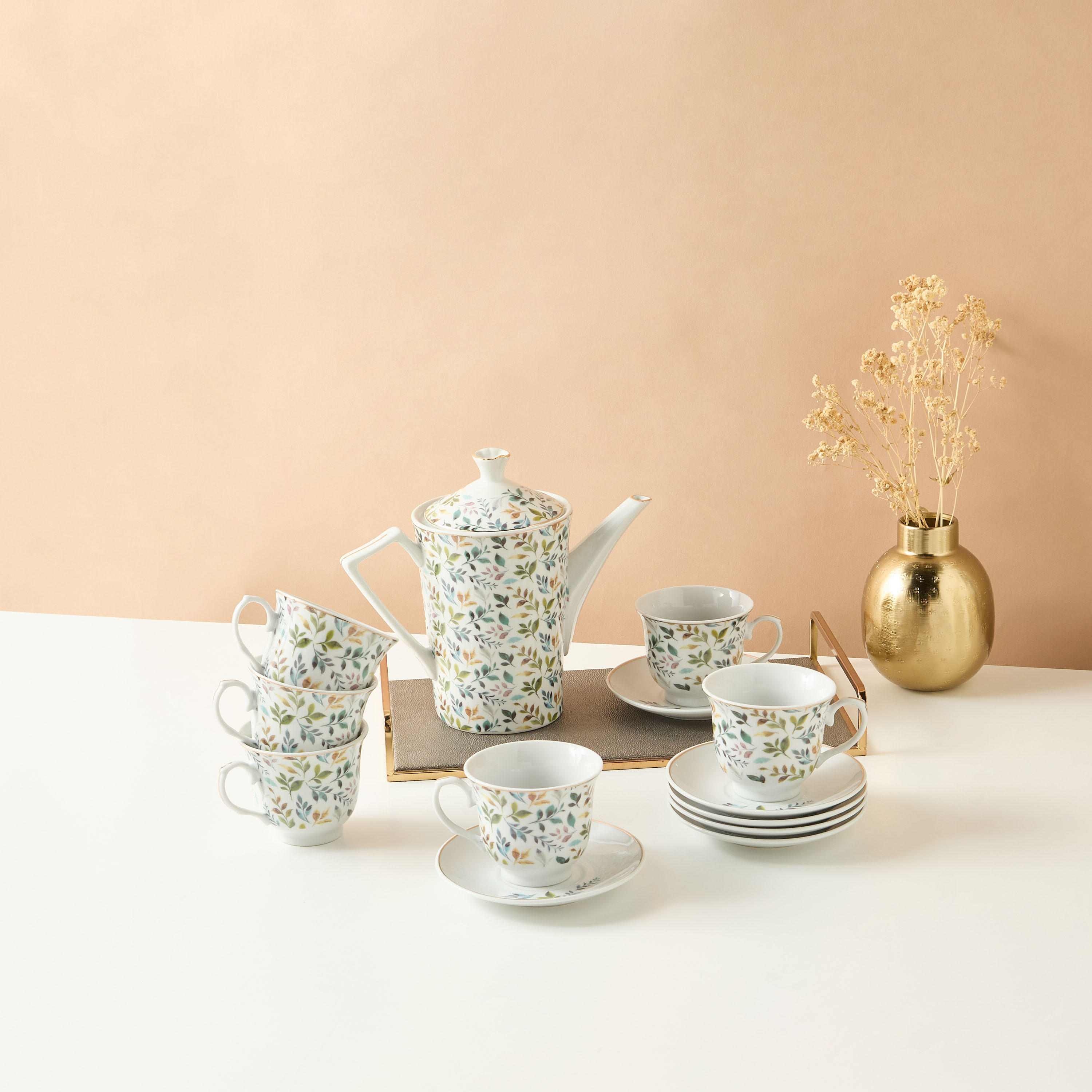 Botanic 13-Piece Leaf Print Porcelain Cup and Saucer Set-household-dining-teaandcoffee-teaandcoffeesets-image-5