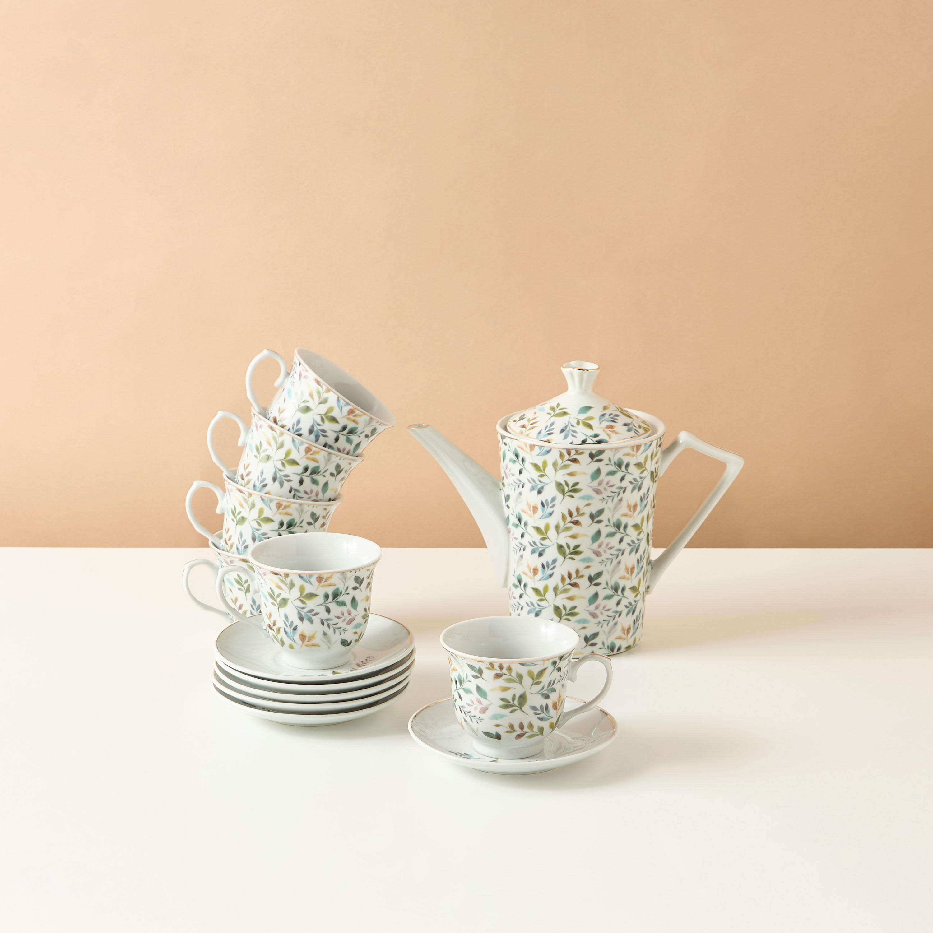 Botanic 13-Piece Leaf Print Porcelain Cup and Saucer Set-household-dining-teaandcoffee-teaandcoffeesets-image-4