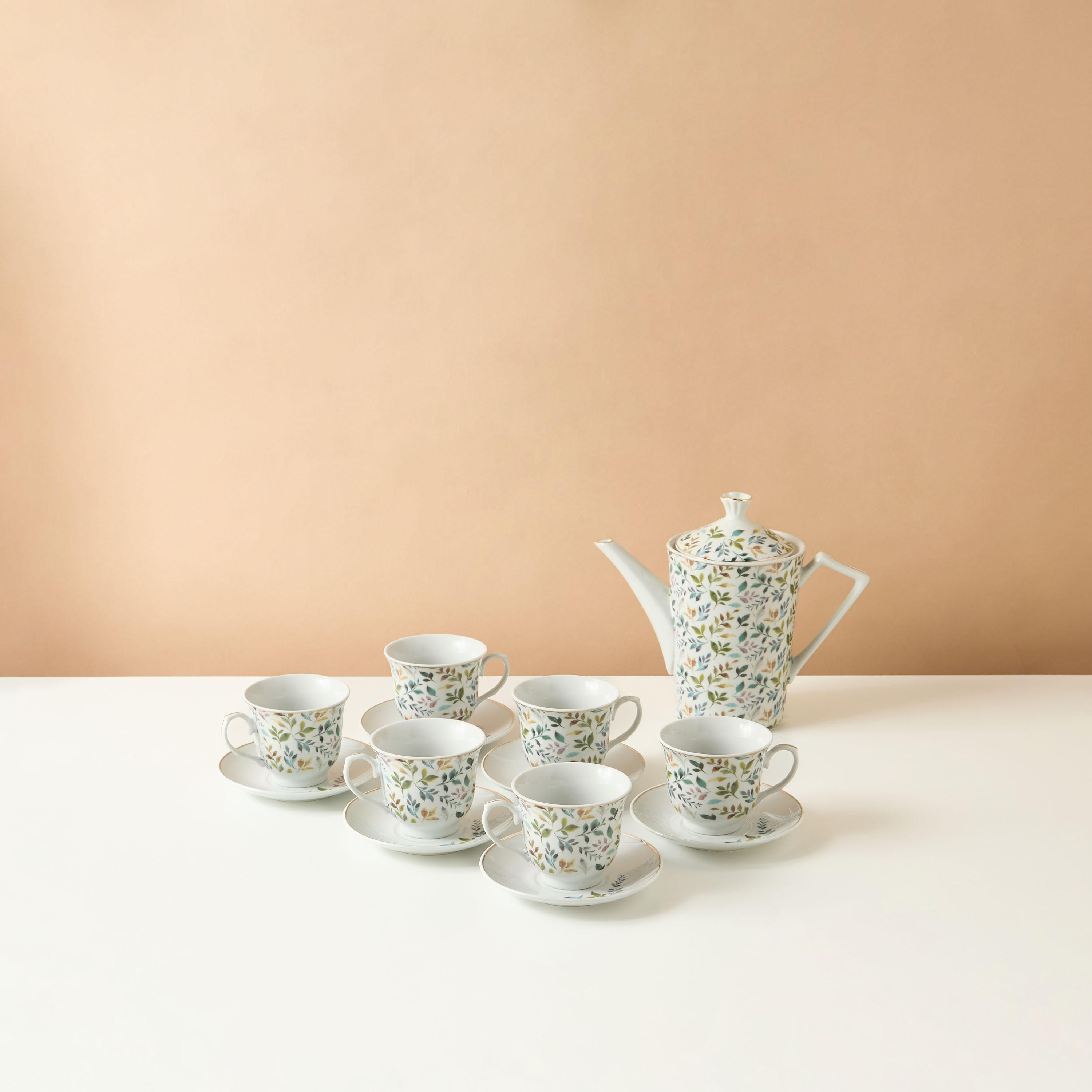 Botanic 13-Piece Leaf Print Porcelain Cup and Saucer Set-household-dining-teaandcoffee-teaandcoffeesets-image-1