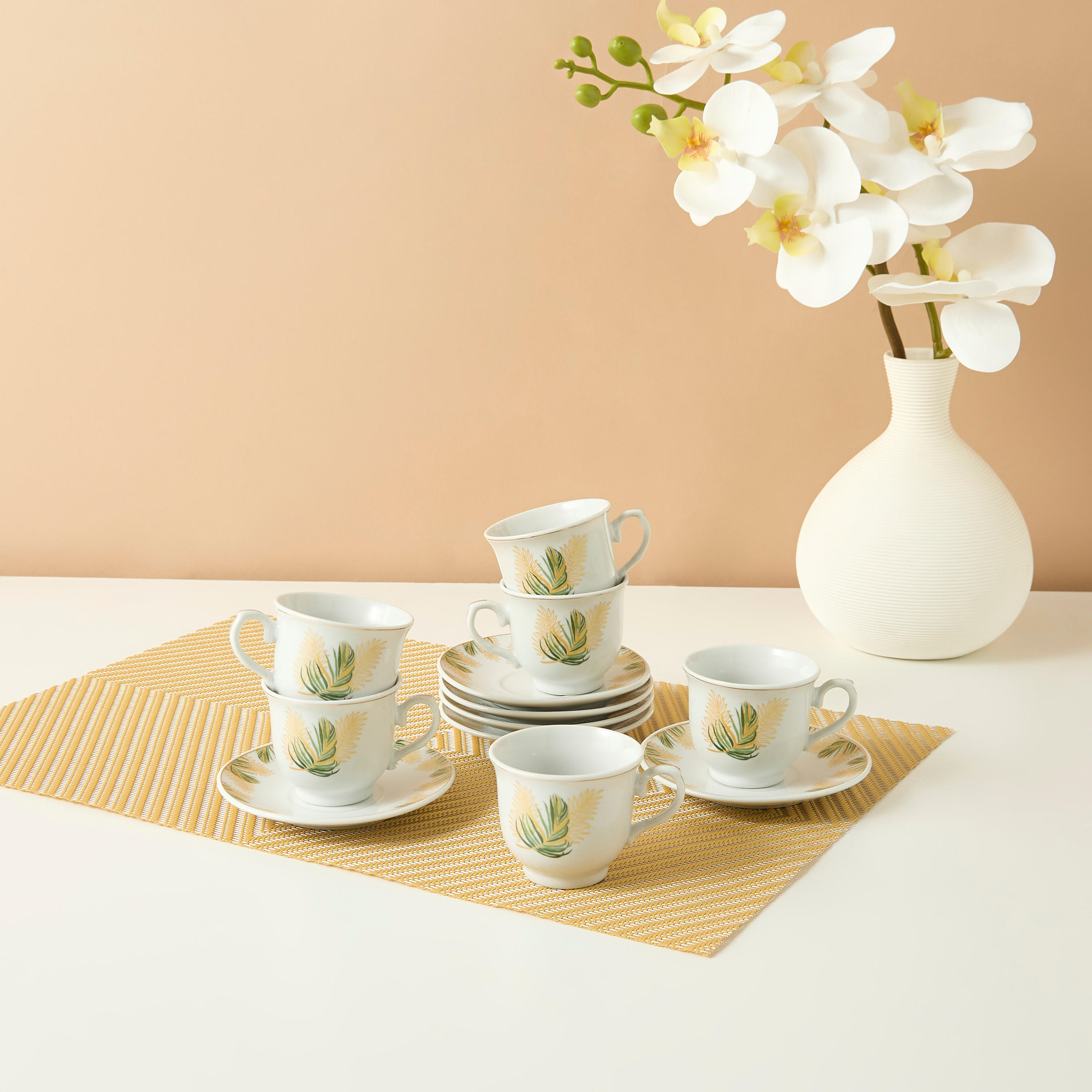 Palm 12-Piece Printed Porcelain Coffee Set-household-dining-teaandcoffee-teaandcoffeesets-image-1
