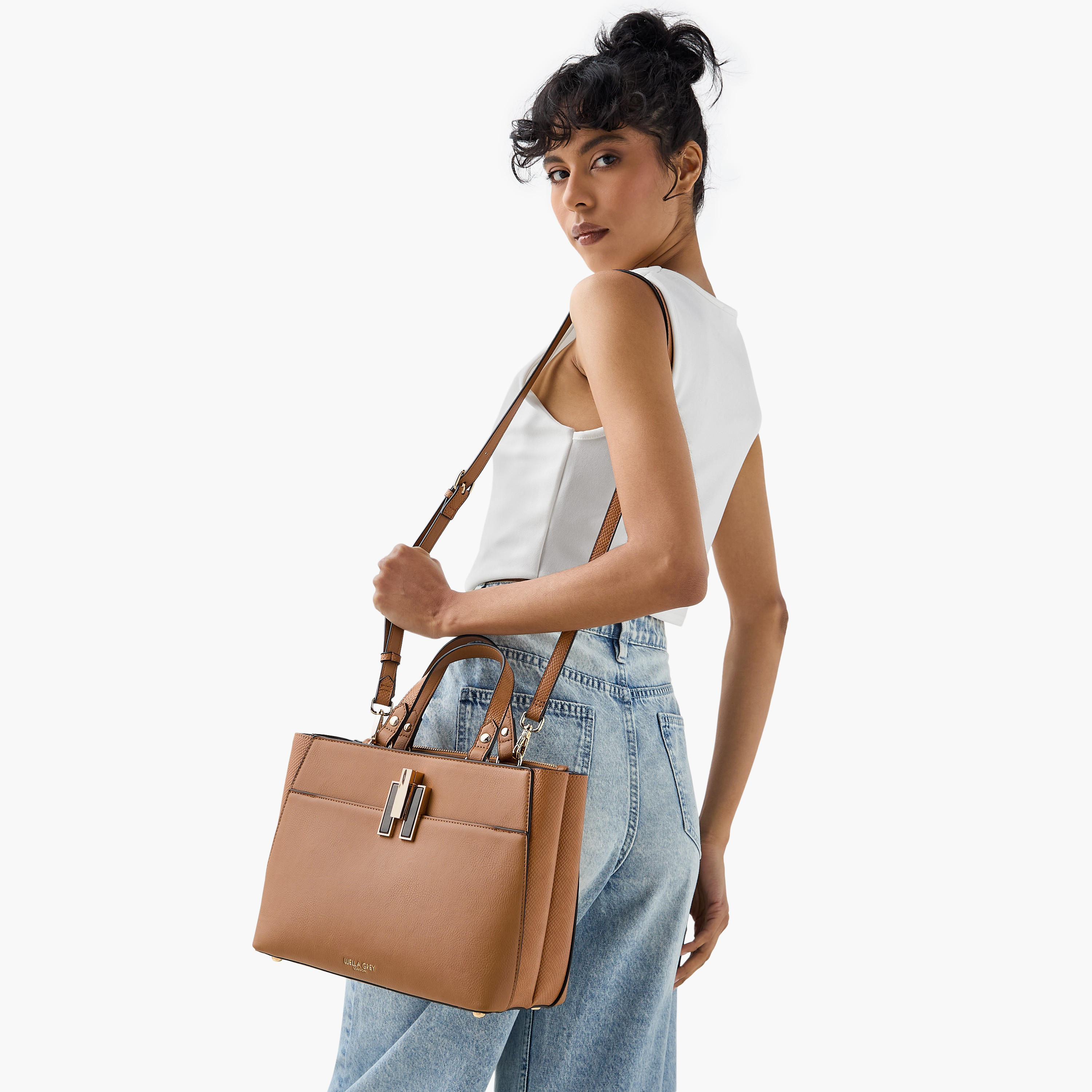LUELLA GREY Textured Tote Bag with Button Closure and Detachable Strap-women-bagsandwallets-handbags-image-3